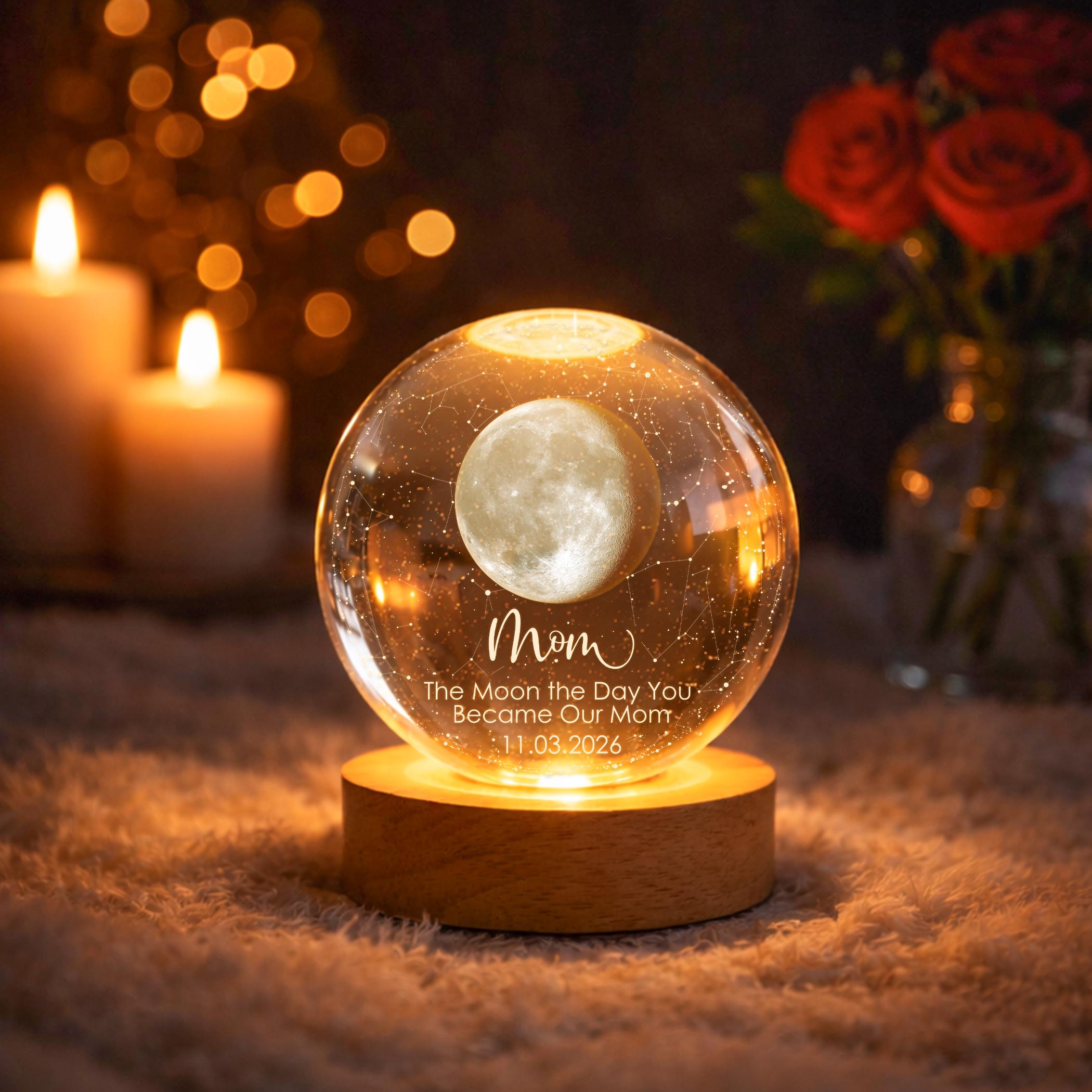 Personalized Moon Phase by Date Crystal Ball Light for Mom,moon Night Light,mother’s Day Gift,the Day You Became Our Mom,mum Birthday Gift