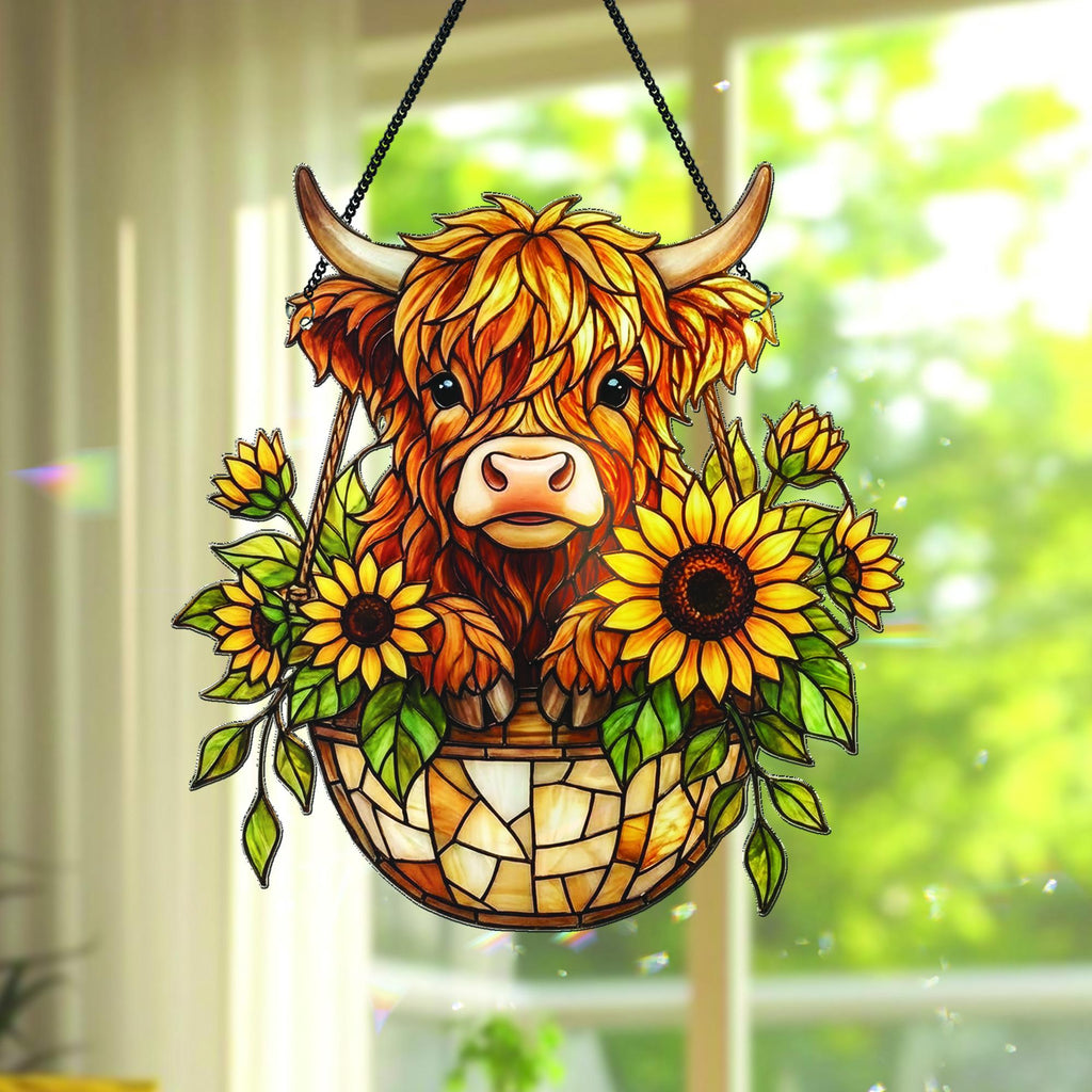 Sunflower Highland Cow Suncatcher, Whimsical Window Decor, Farm Animal Window Hanging, Country Farmhouse Decor, Cow Lover Gift, Baby Gift