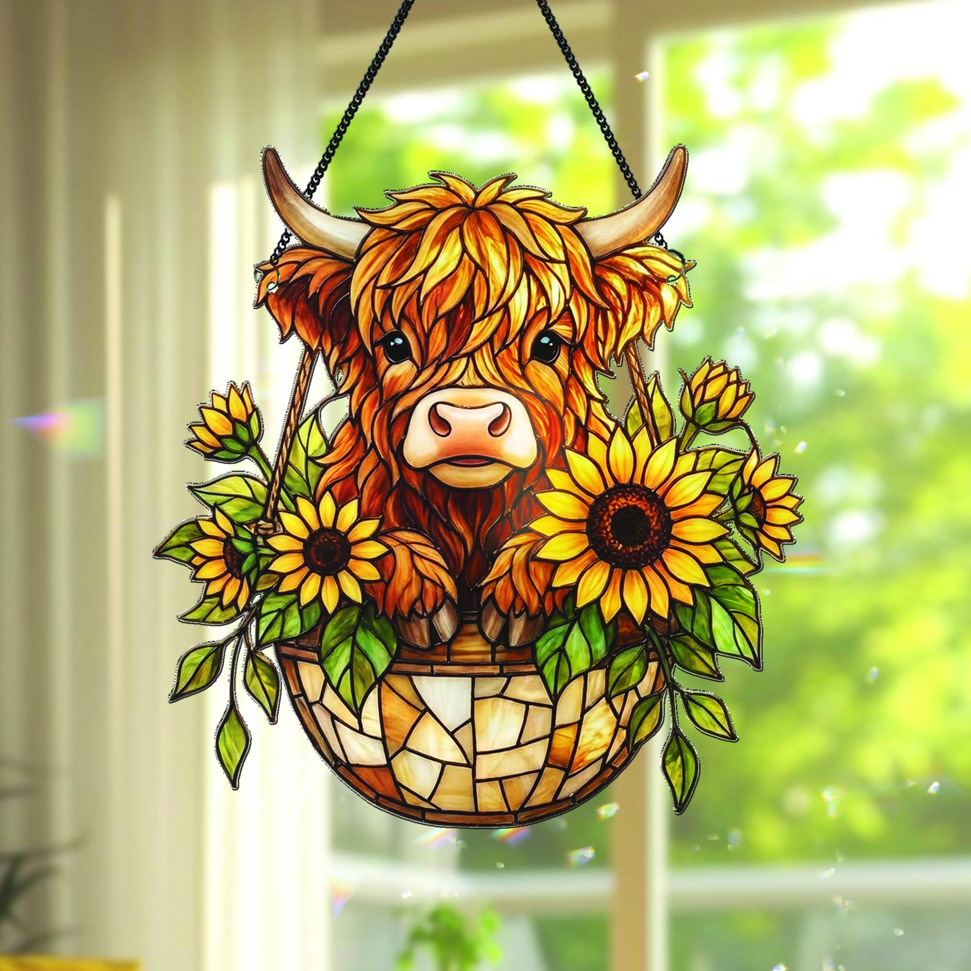 Sunflower Highland Cow Suncatcher, Whimsical Window Decor, Farm Animal Window Hanging, Country Farmhouse Decor, Cow Lover Gift, Baby Gift
