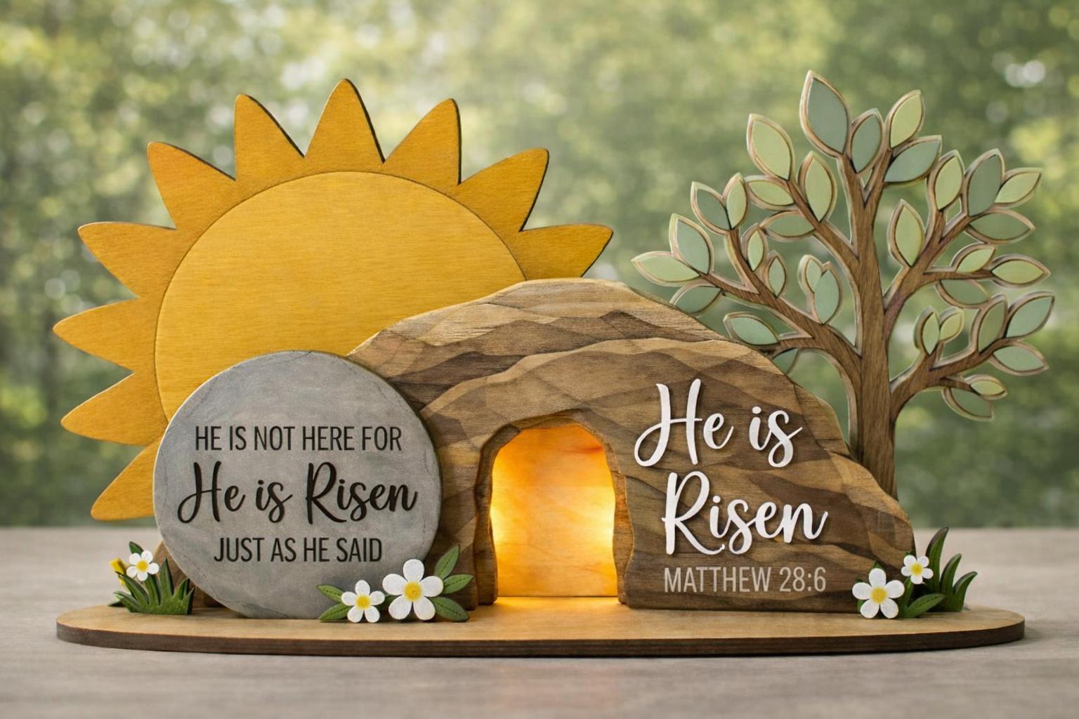 He is Risen Easter Table Sign, Christian Resurrection Wooden Block, Empty Tomb Cross Wood Shelf, Religious Home Decor Gift, Easter Gift