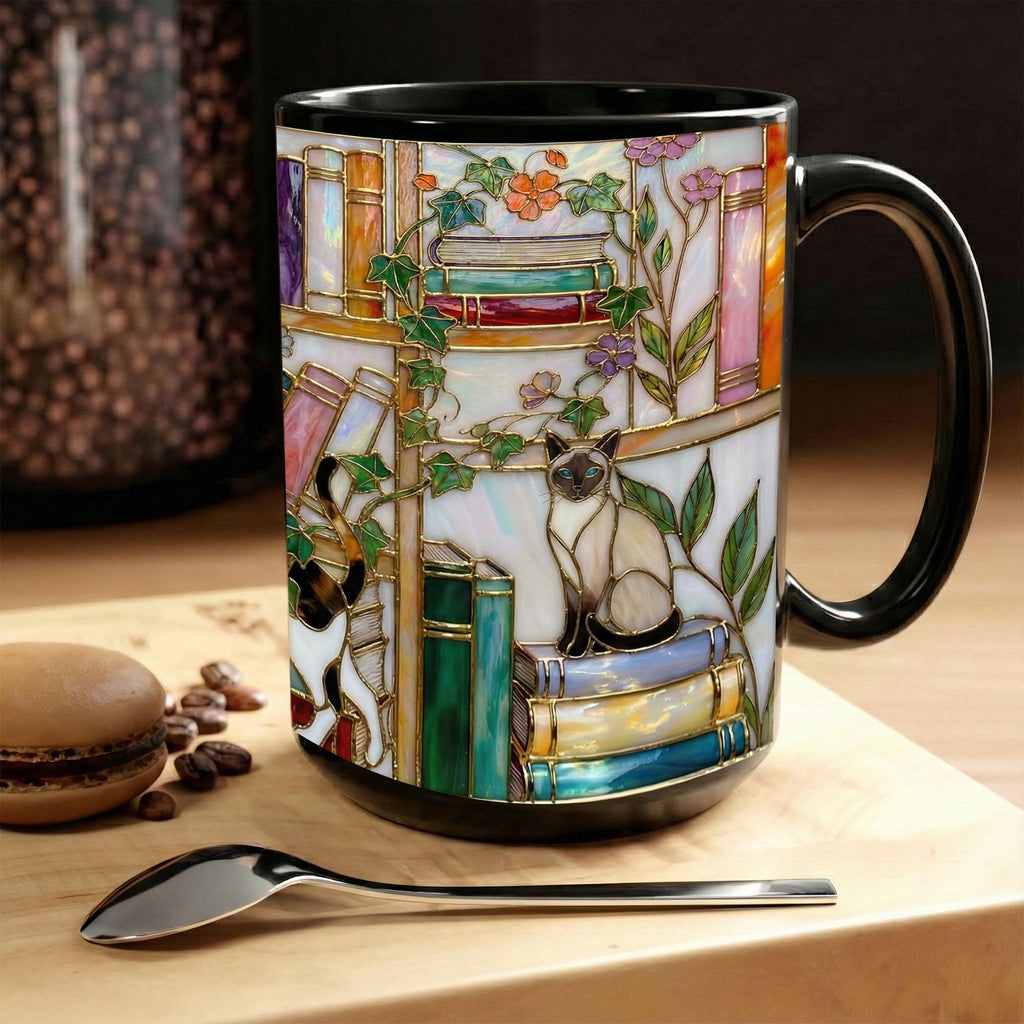 Stained Glass Book Lover Mug Floral With Cat Cottagecore Bookshelf Design Colorful Reading Bookish Cup 15oz Ceramic, Handle Color Mug, Adorable Ceramic Mug – Perfect for Kids & Families