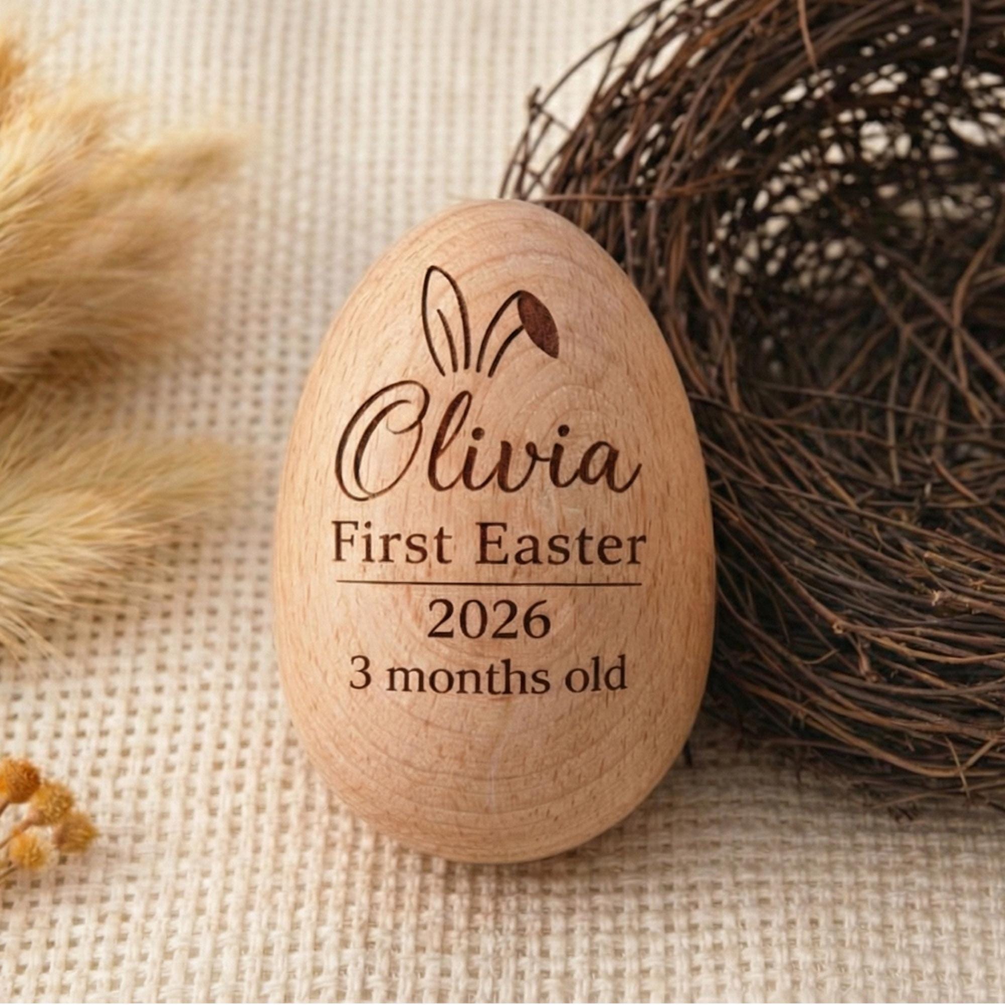 Personalized Wooden Easter Egg, Baby First Easter Keepsake, Custom Engraved Egg Shaker, Easter Basket Gift for Kids