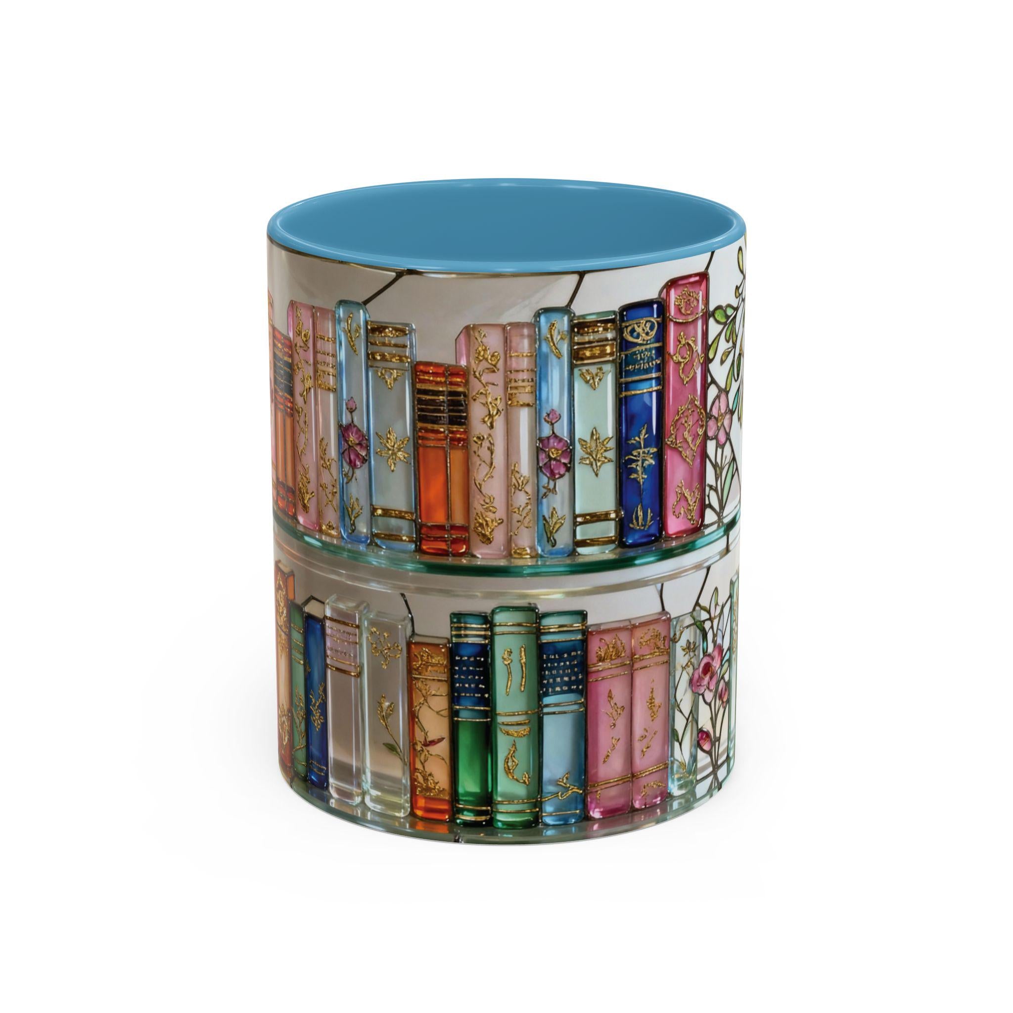 Stained Glass Style Books Mug Floral Bookshelf Mug Book Lover Gift, Bookish Mug, Library Cup