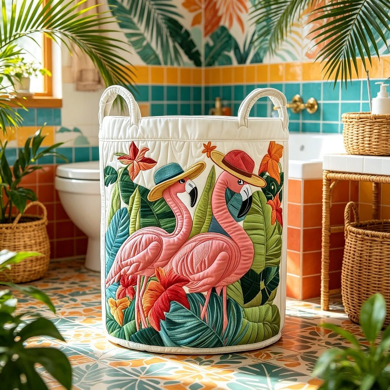 Tropical Flamingo Quilted Laundry Basket, Large Foldable Hamper with Handles, Pink Bird Fabric Storage Bin for Bedroom Bathroom Decor