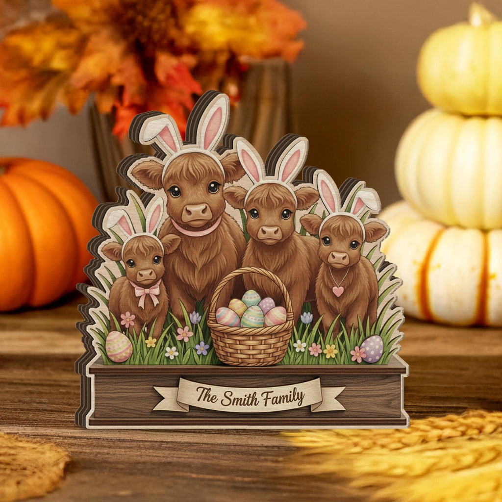Personalized Wooden Block Easter Highland Cow Decor, Layered Bunny Farmhouse Sign