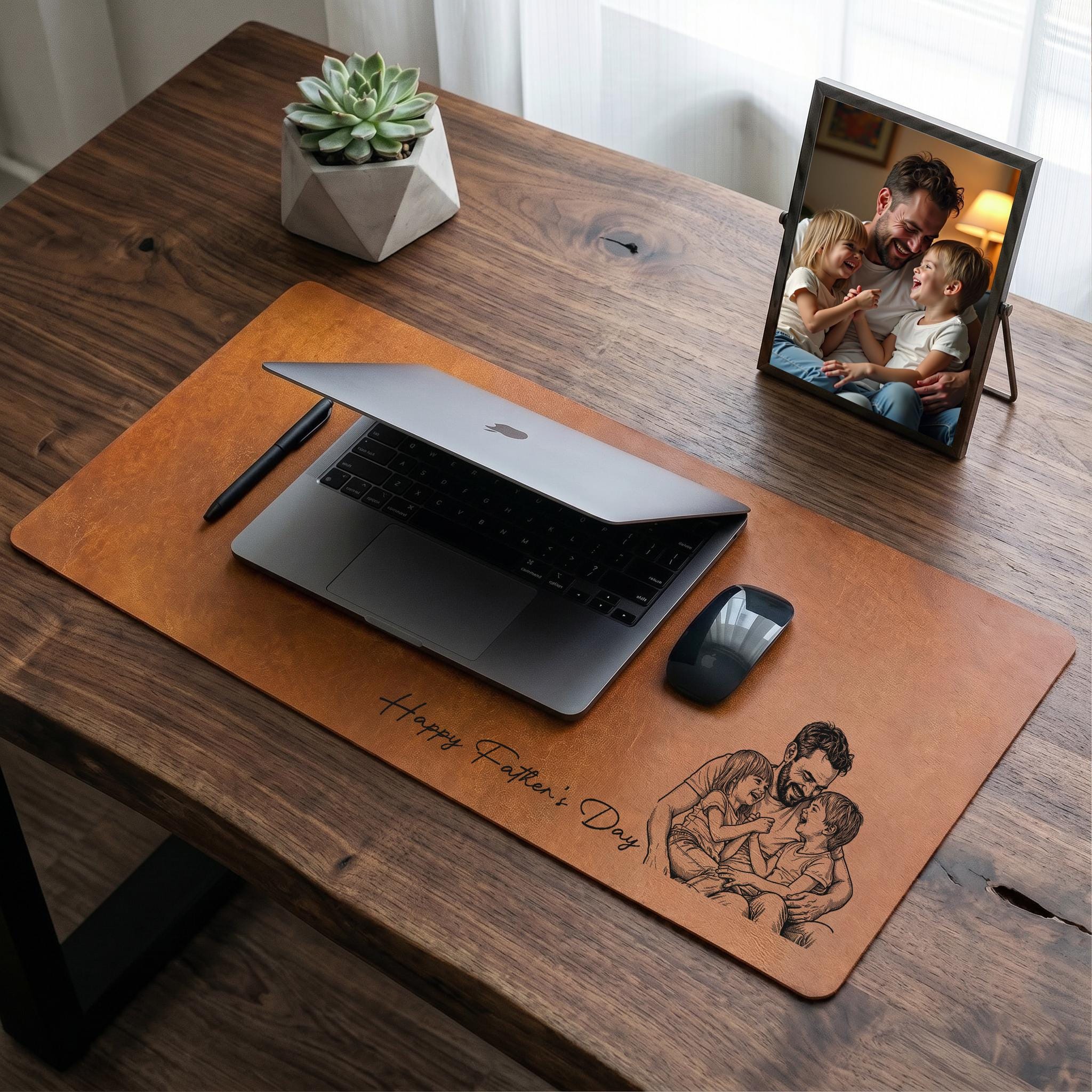 Personalized Dad We Love You Custom Photo Sketch Line Art Desk Mat, Father's Day Gift for Husband, Daddy & Kid Picture Desk Pad Mouse Mat