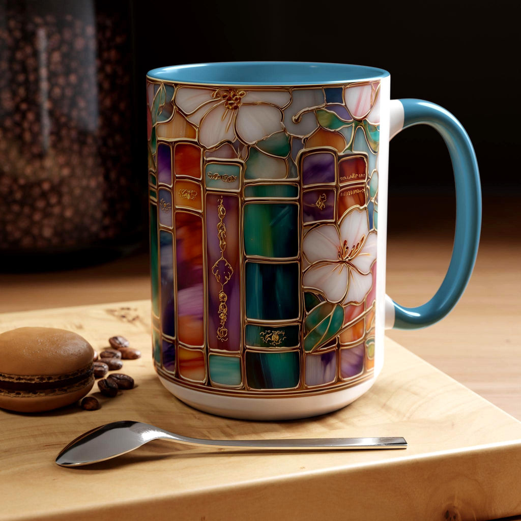 Stained Glass Print Book Mug_ Floral Library Coffee Cup, Book Lover Reading Nook Gift, Decorative Ceramic Mug – Unique Gift for Home & Office