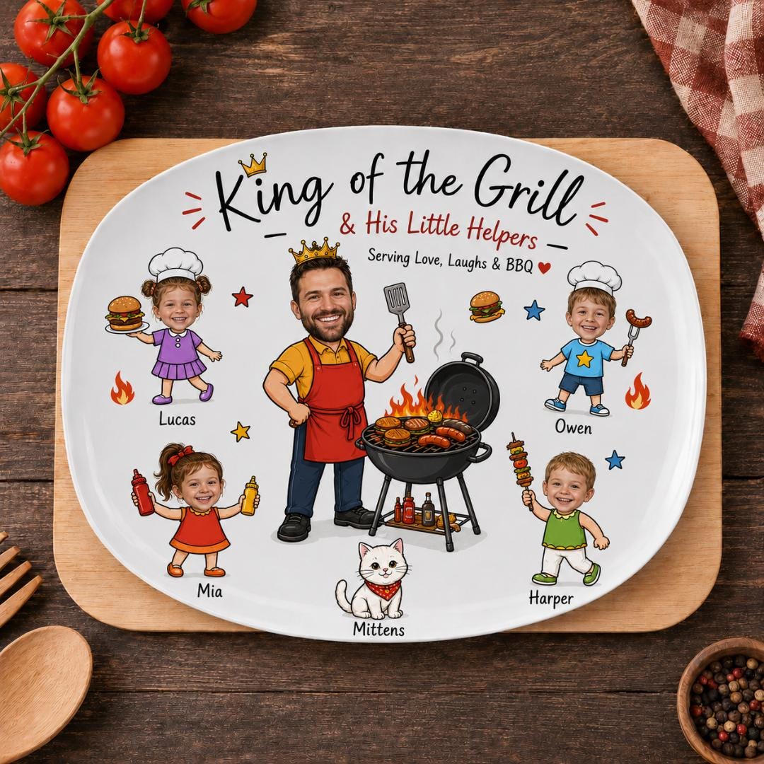Personalized Face Grilling Platter, Custom Daddy's Grilling Plate With Kids' Names, Father's Day Gift From Grandkids, Funny Gift for Dad