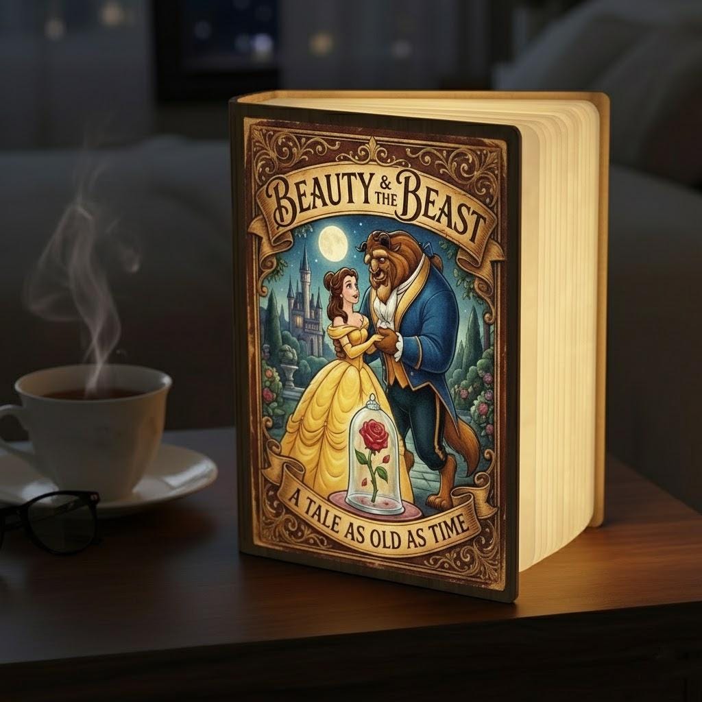 Beauty and the Beast Book Lamp, Tale as Old as Time Folding LED Light, Belle Princess Reading Lamp, Disney Enchanted Rose Night Light