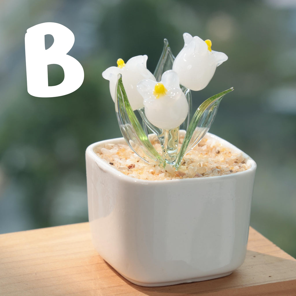Hand Blown Glass Potted Plants – White, Pink & Blue Glass Tulip Figurines, Mini Flower Decor, Unique Handmade Gift