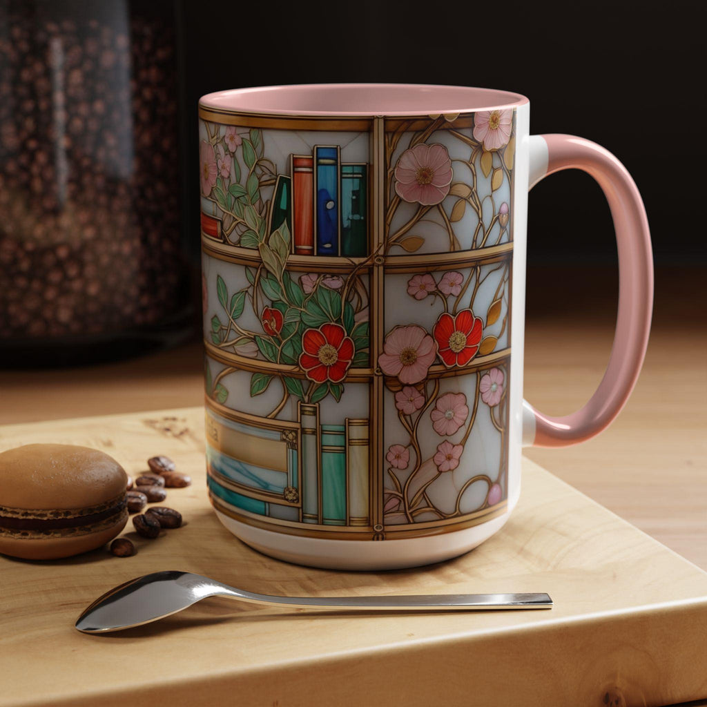 Stained Glass Bookshelf Mug, Floral Coffee Cup, Book Lover Gift, Premium Ceramic Mug – Everyday Use & Gift Idea