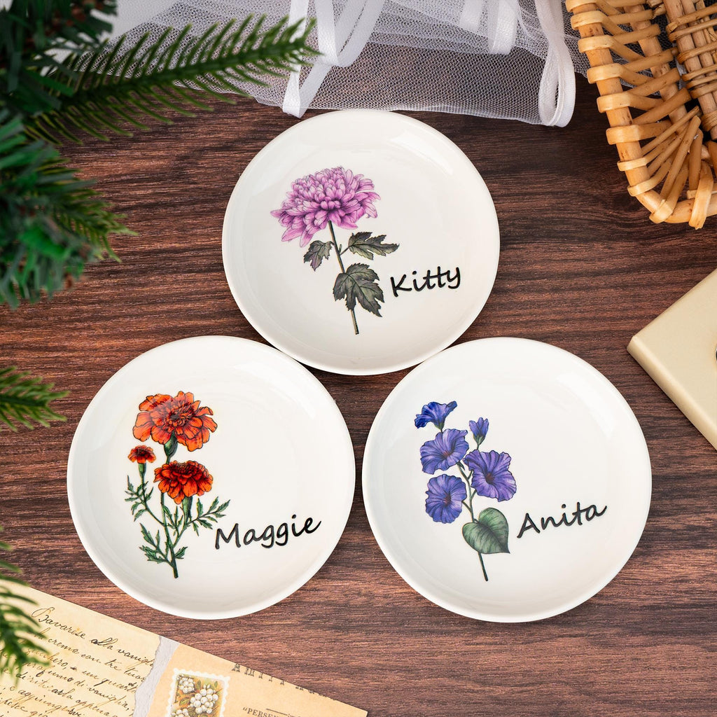 Custom Birth Flower Ceramic Jewelry Dish_ Personalized Name Trinket Dish