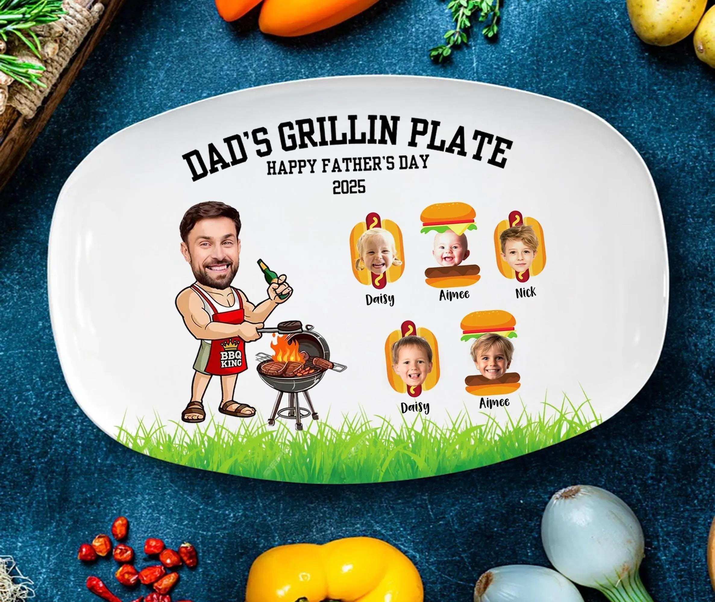 Custom Dad’s Grill Plate With Kids Names & Face, Custom Daddy’s Grilling Plate, BBQ Plate for Dad, Dad Gift From Kids, Father's Day Gifts
