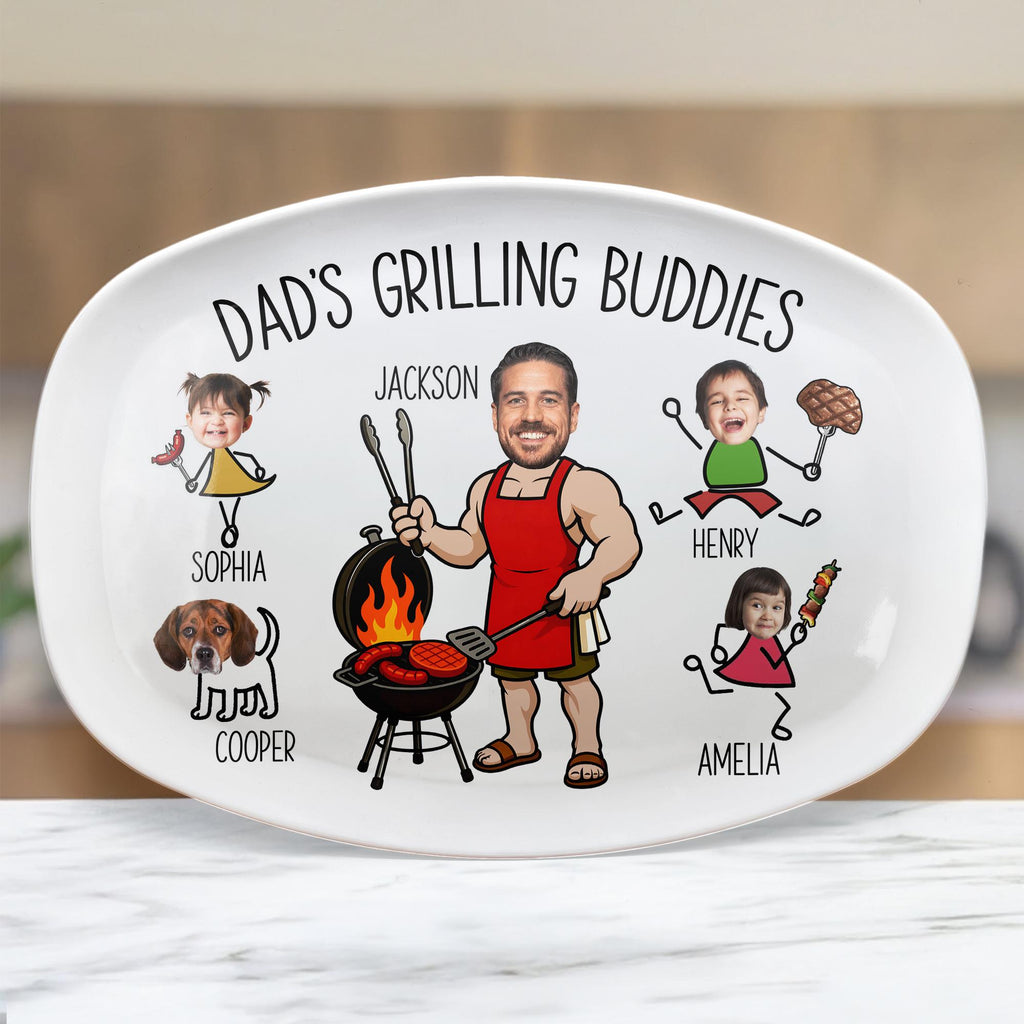 Custom Dad & Kid Funny Grilling Plate, Personalized Father's Day Gift for Husband, Grandpa BBQ Platter, Cooking Dish for Him Serving Tray