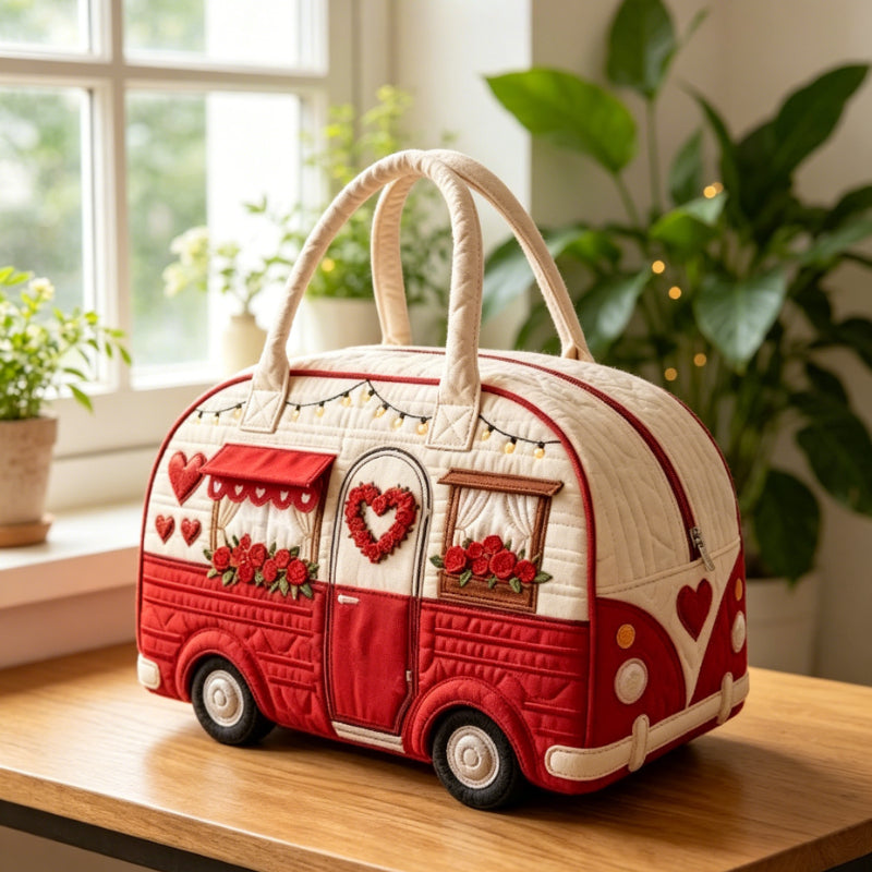 Valentine Van Large Capacity Duffle Bag, Red White RV Shaped Quilted Look Weekender Tote, Rose Print Travel Handbag for Women