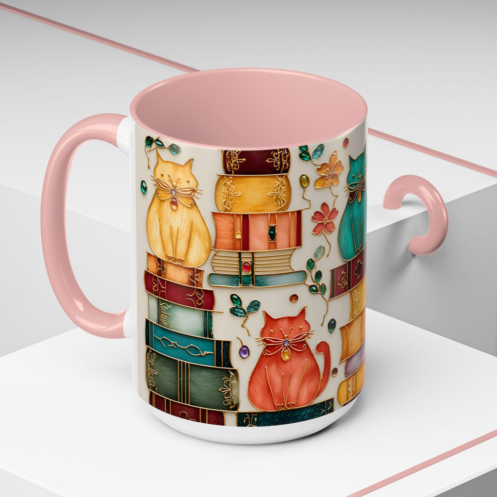 Stained Glass Look Cat Mug, Book Lover Ceramic Coffee Cup Bookish Cat Mom Gift