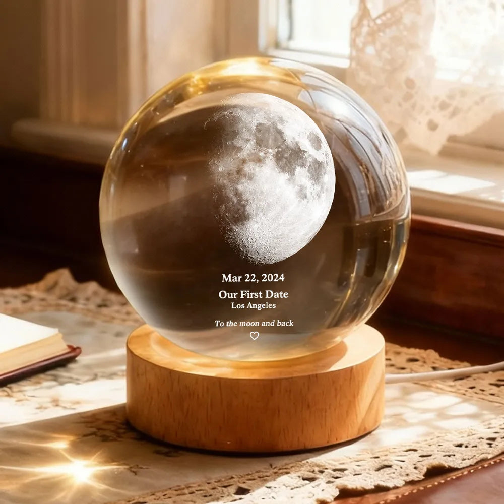Couple Love to the Moon and Back Moon Phase by Date - Personalized Cry, Personalized Crystal Ball LED Night Light, Valentine's Day Gift For Couple, Husband, Boyfriend, Wife