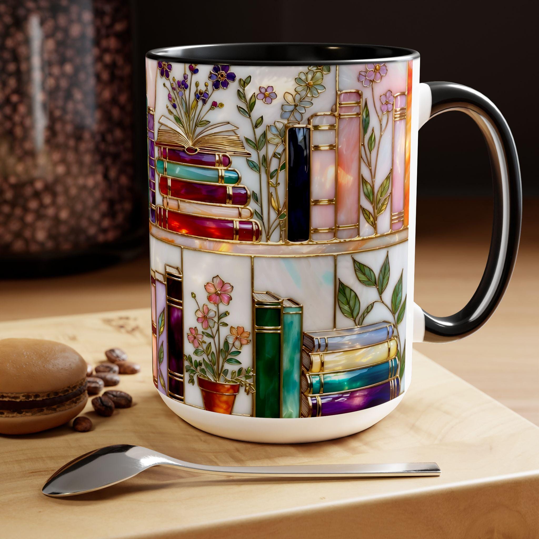 Stained-Glass Style Floral Bookshelf Mug, Book Lover Gift, Bookish Mug, Library Cup 11oz 15oz, bookshelf mug gift