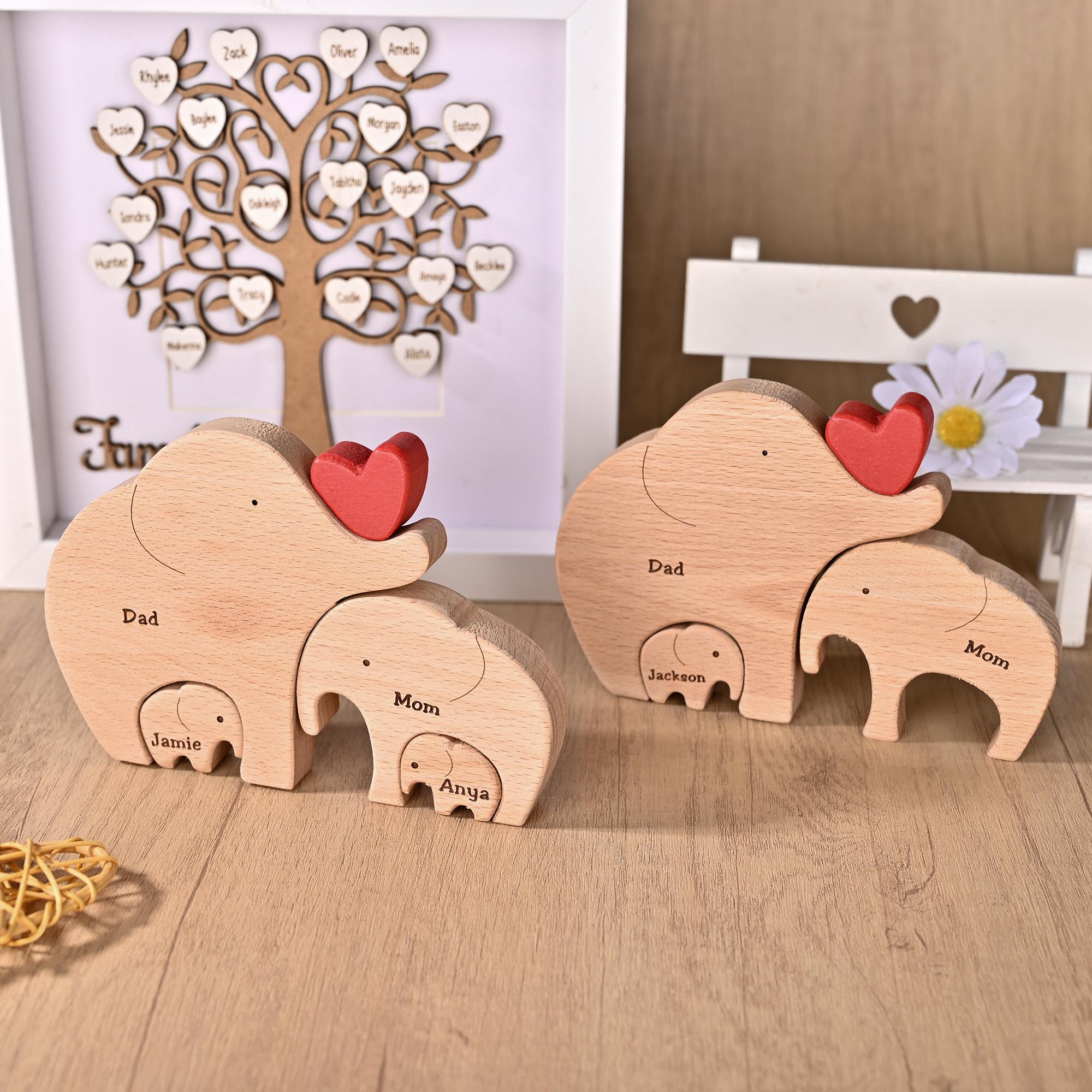 Wooden Elephant Family Puzzle With Names, Custom Anniversary Gift for Parents, Birthday Gift for Wife, Christmas Elephant Decor for Home