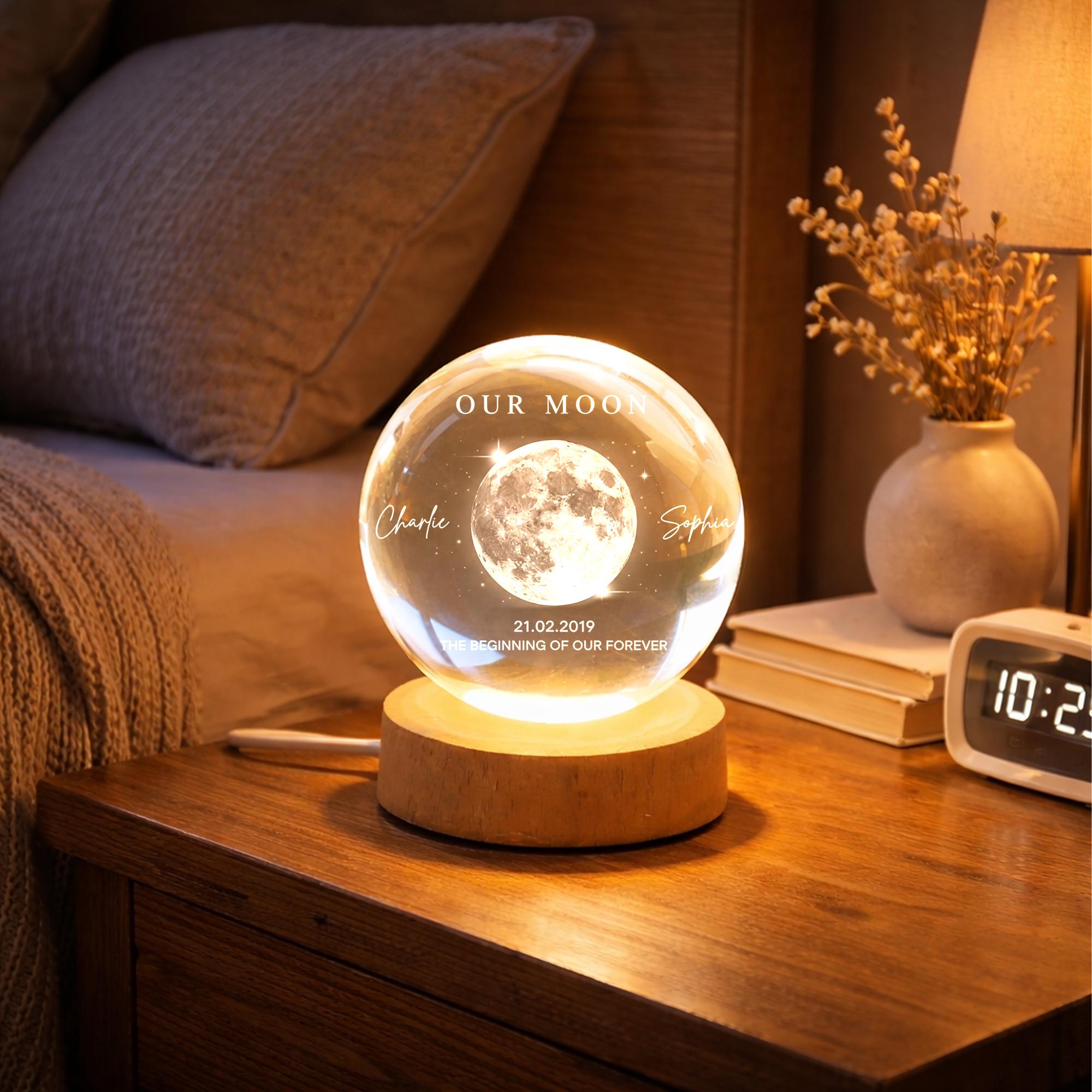 Our Moon Custom Moon Phase Crystal Ball Night Light, Personalized LED Glass Lamp, Valentine's Day Gift for Couple, Husband, Boyfriend, Wife