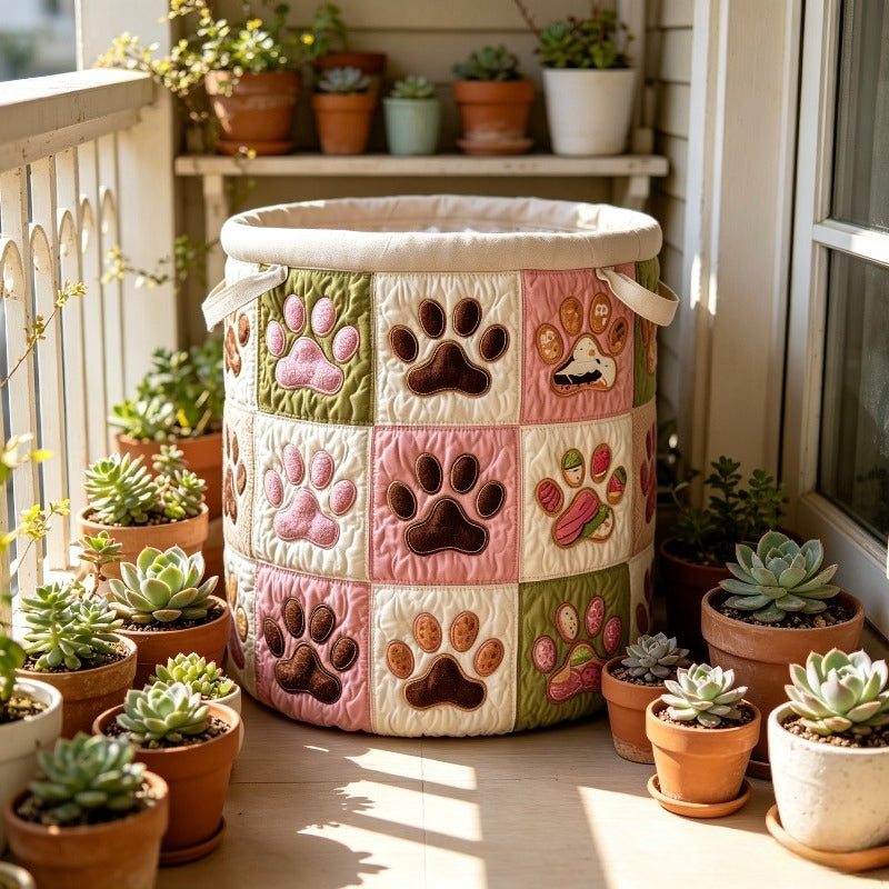 Cat Paw Print Quilted Laundry Basket, Large Foldable Oval Clothes Hamper with Handles, Boho Fabric Storage Bin for Bedroom Bathroom