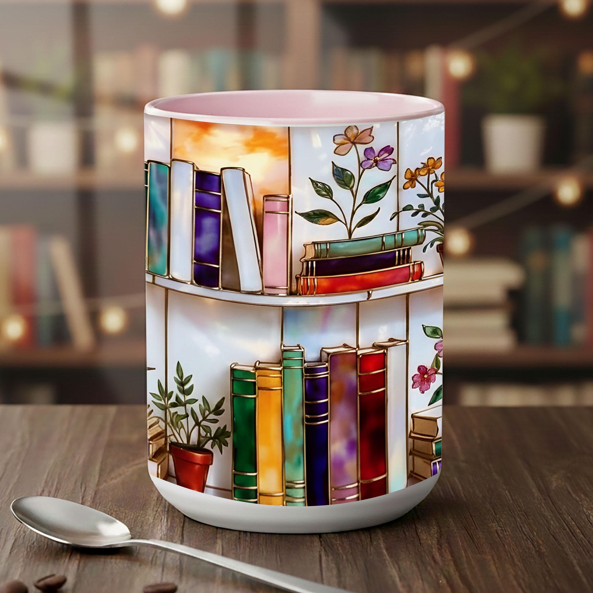 Stained Glass Book Lover Mug Floral Cottagecore Bookshelf Design Colorful Reading Bookish Cup 15oz Ceramic, Handle Color Mug