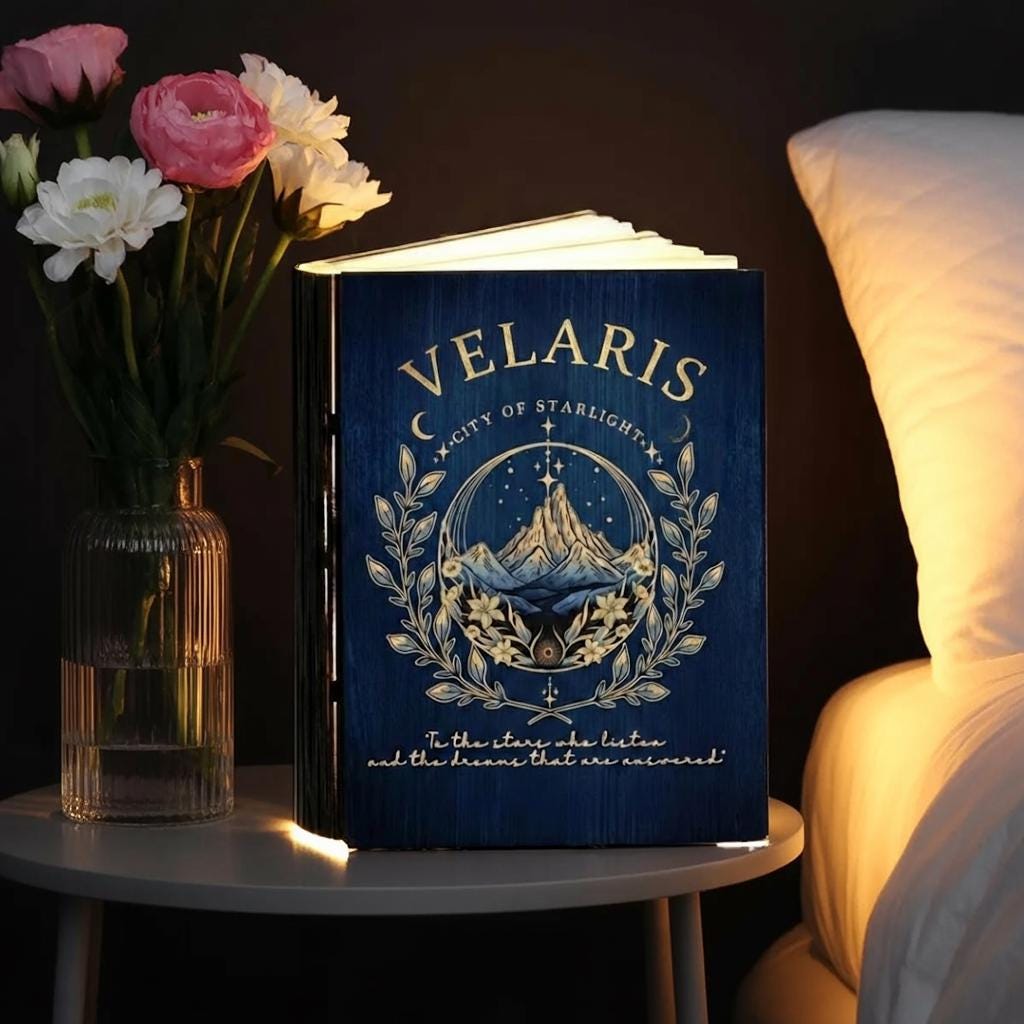 Velaris City of Starlight Book Lamp, ACOTAR Quote Folding LED Light, _to the Stars Who Listen and the Dreams That Are Answer_ Reading Lamp