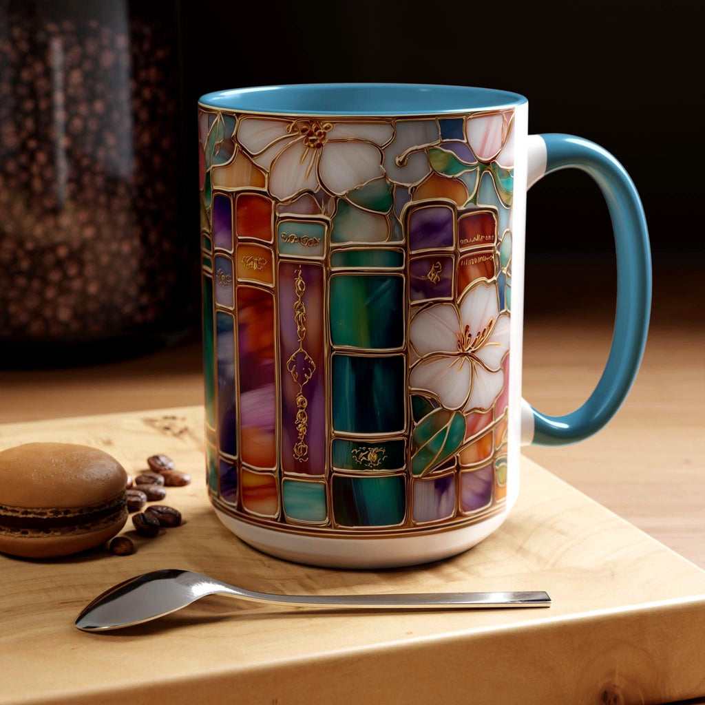 Stained Glass Print Book Mug_ Floral Library Coffee Cup, Book Lover Reading Nook Gift
