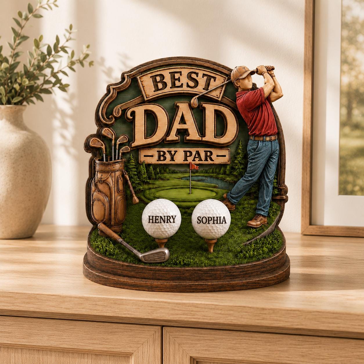 Personalized Golf Dad Sign 2D Flat Wooden Block, Wood With Kids Names Best Dad by Par Sculpture, Golf Grandpa Papa Gift, Father’s Day Gift