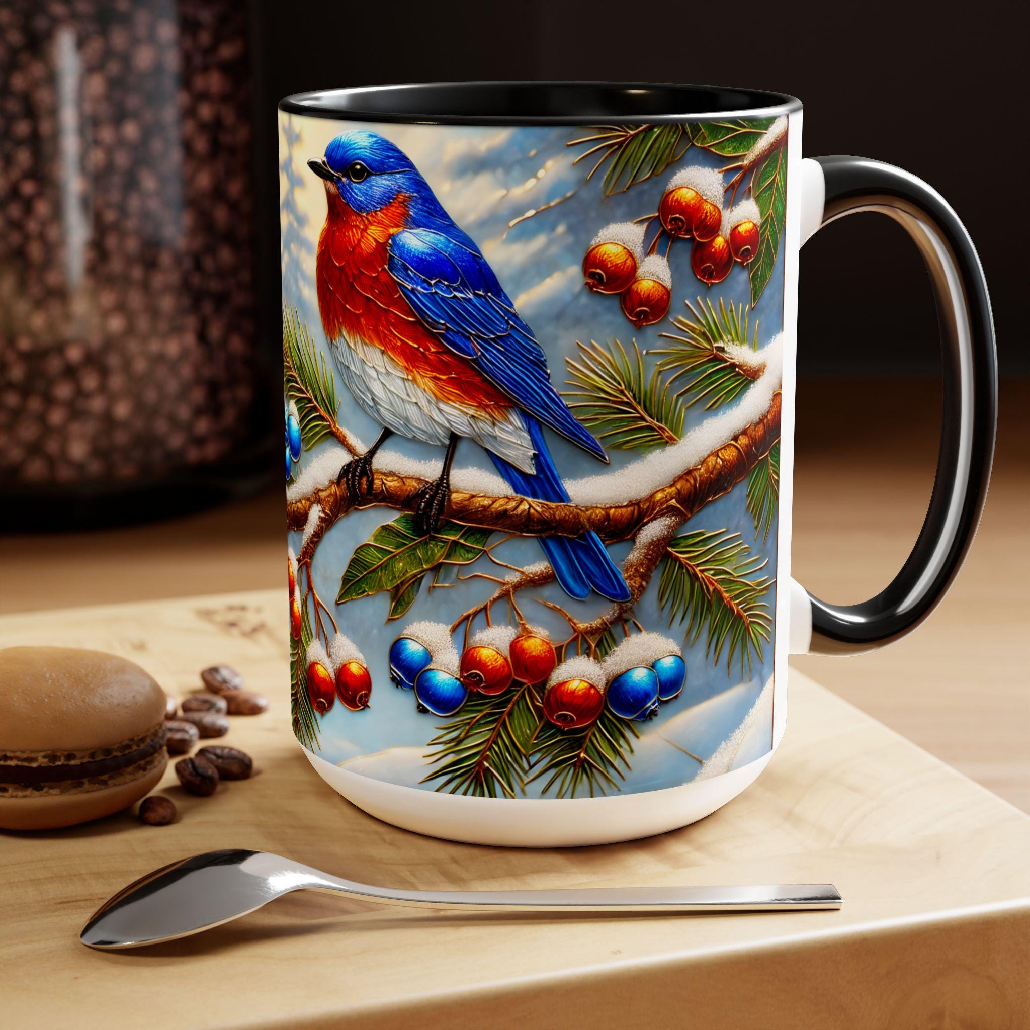 Eastern Blue Bird Mug, Stained Glass Style Eastern Blue Bird Mug, Bird Retro Style Mug, Bluebird Lover Gift 15oz