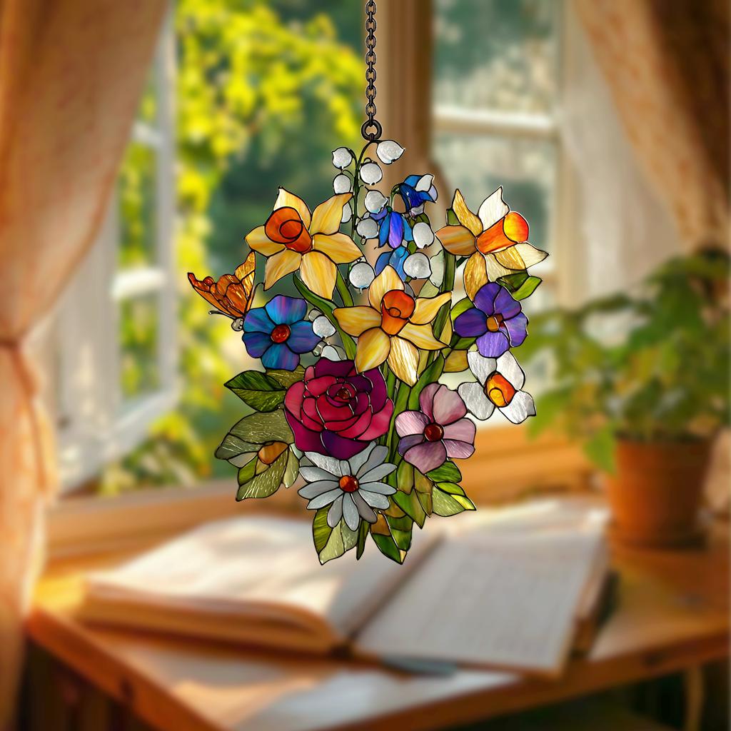Family Birth Flowers Glass Suncatcher, Custom Mom's Garden Gift,flower Glass Art,birth Flower Gift for Nana,mother's Day Gift for Mom