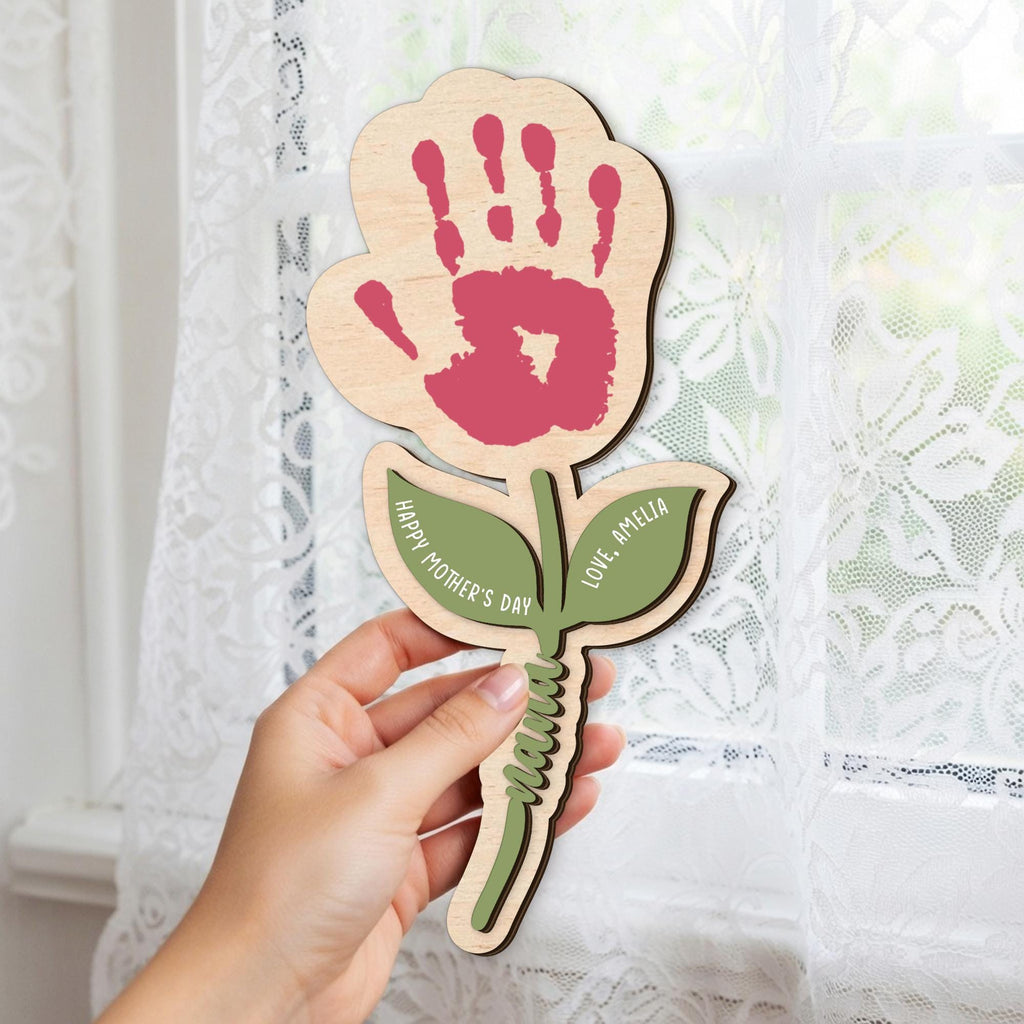 Personalized Handprint Flower Gift for Mom, Wooden Keepsake Mother’s Day Gift, Custom Baby Handprint Plaque, Mom Gift From Kids