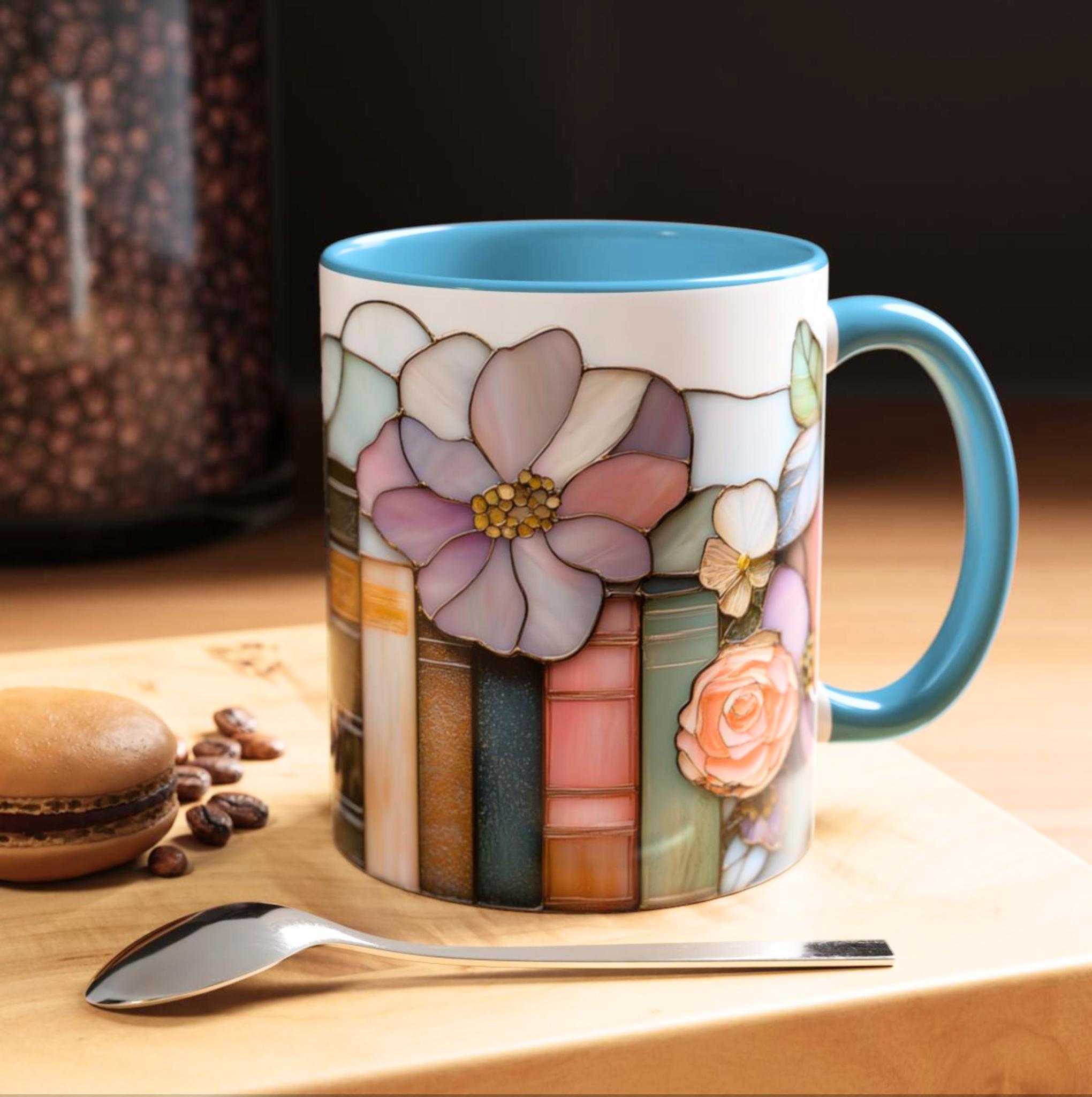Floral Bookshelf Coffee Mug_ Stained Glass Style Book Lover Coffee Ceramic Cup Literary Gift