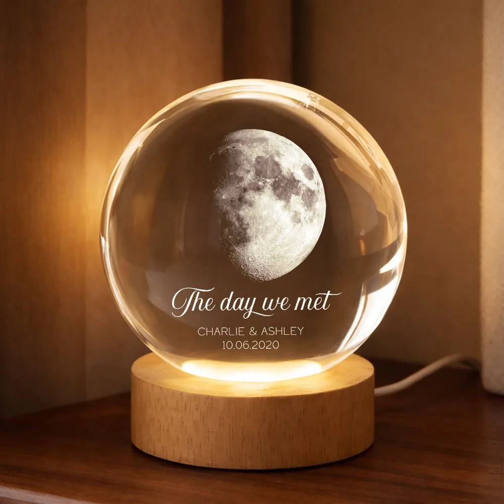 Our Moon Couple Anniversary Date - Personalized Crystal Ball LED Night, Moon Phase Print, Valentines Day Wedding Anniversary Gift For Couple