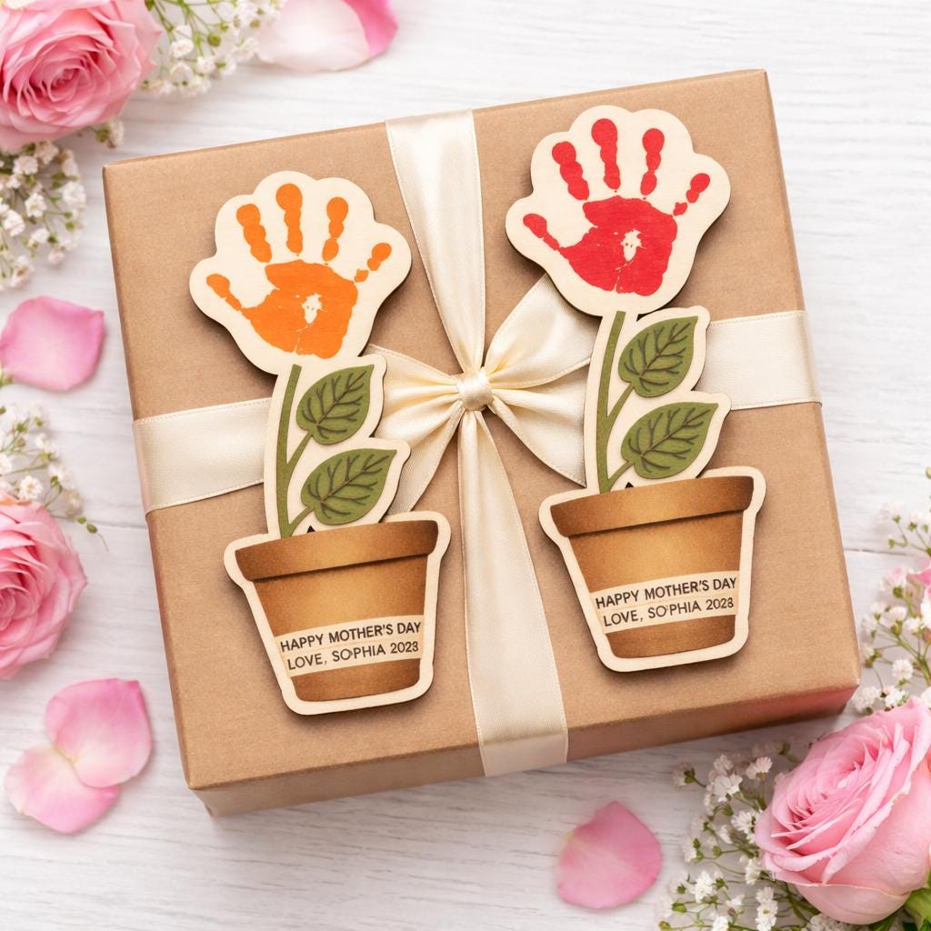 Personalised Mother's Day Flower Handprint, Baby's First Mother's Day Handprint Art, Gift for New Mom, Wooden Keepsake Mother’s Day Gift