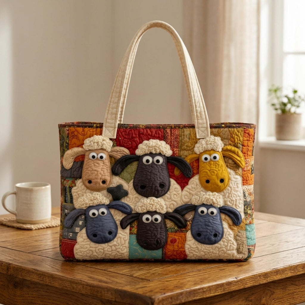 Quilted Sheep Tote Bag – Farm Animal Shoulder Handbag, Rustic Farmhouse Style Canvas Bag