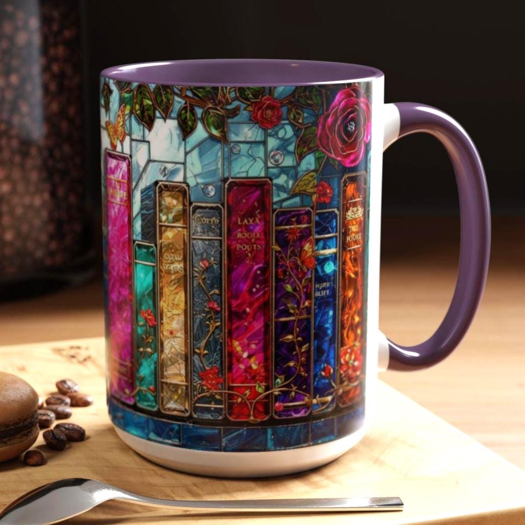 Bookish Stained Glass Mug _ Vintage Bookshelf, Cozy Reader Gift, Cozy Reader Gift, Book Lover Gift, Reading Mug for Women, Library Aesthetic Cup 15oz