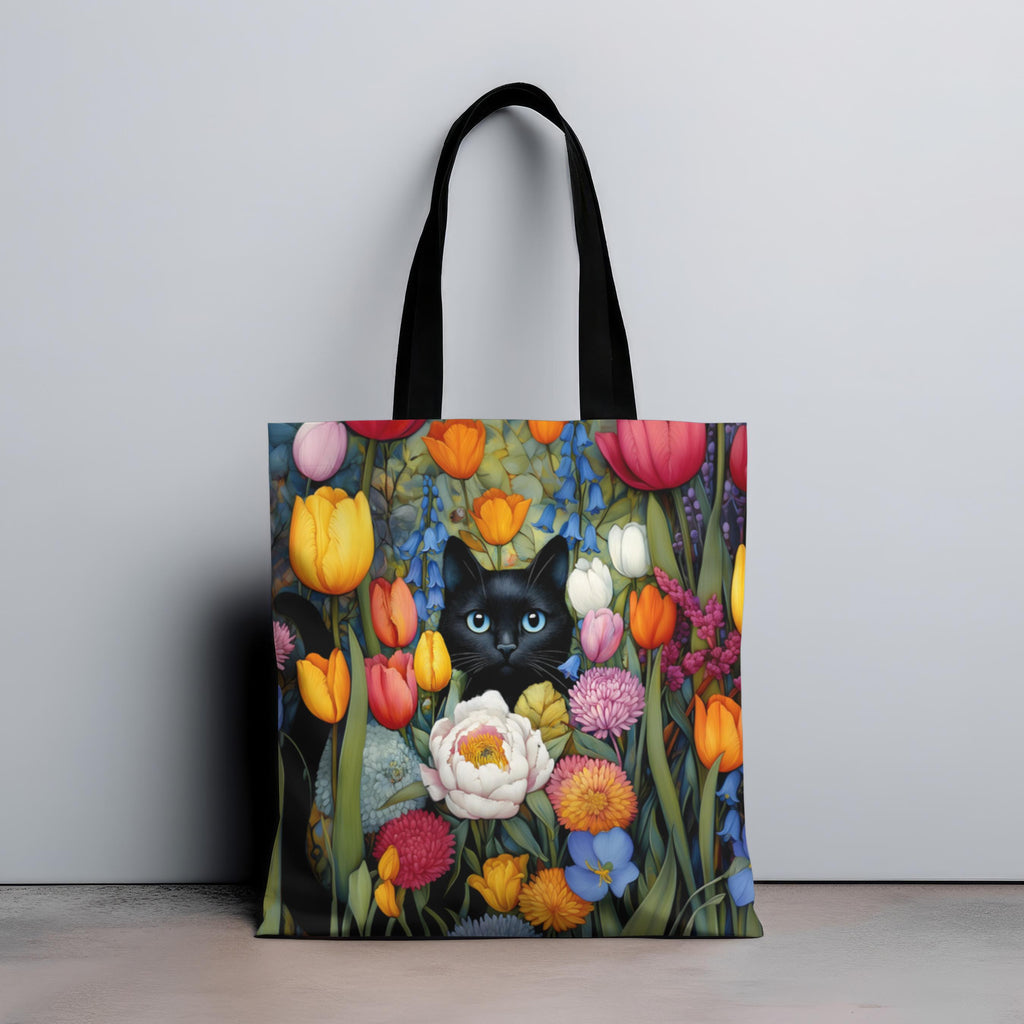 Black Cat Floral Tote Bag With Colorful Spring Flowers, Reusable Shoulder Bag for Cat Lovers