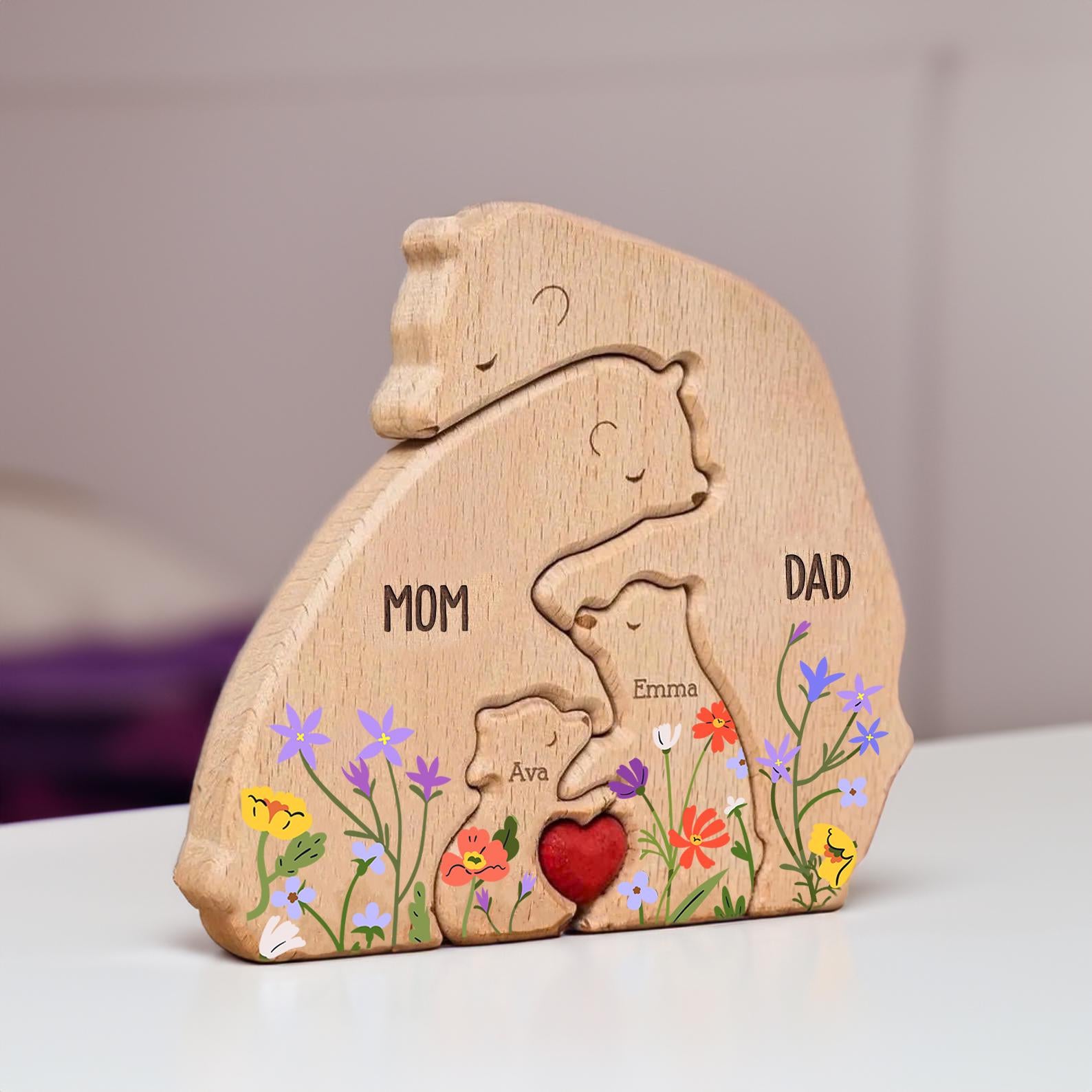 Hugging Bear Family Floral Version, Personalized Wooden Bear Family Puzzle, Father's Day Gift, Animal Family Puzzle Decor, Custom Dad Gift