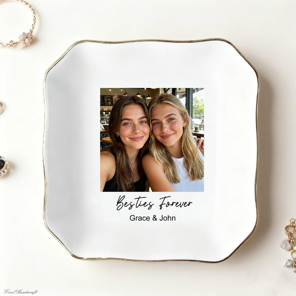 Custom Photo Ceramic Jewelry Dish for Bridesmaid Gift, Wedding Gift for Bridesmaid, Photo Trinket Dish, Besties Forever Jewelry Dish