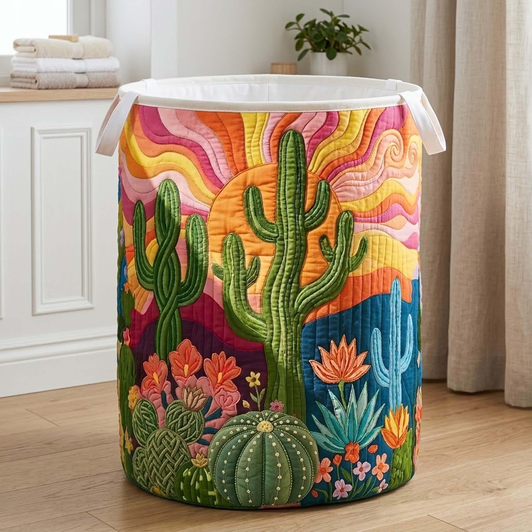 Hippie Floral Cactus Quilted Laundry Basket_ Daybreak Hamper, Family Storage Bin