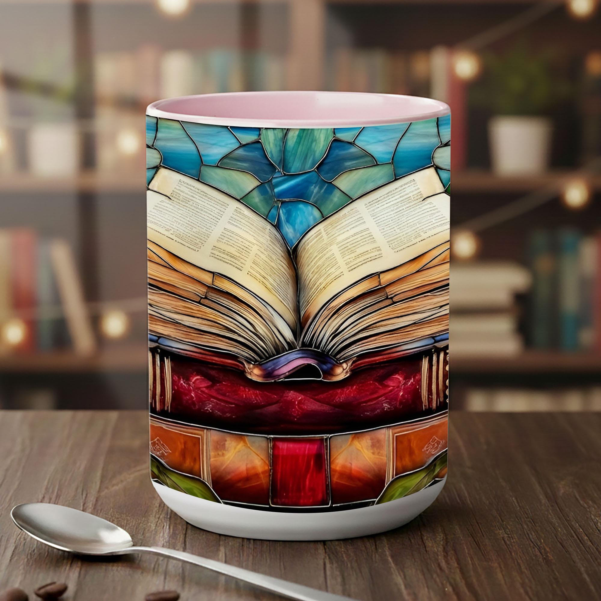 Stained Glass Book Lover Mug Floral Cottagecore Bookshelf Design Colorful Reading Bookish Cup 15oz Ceramic, Handle Color Mug