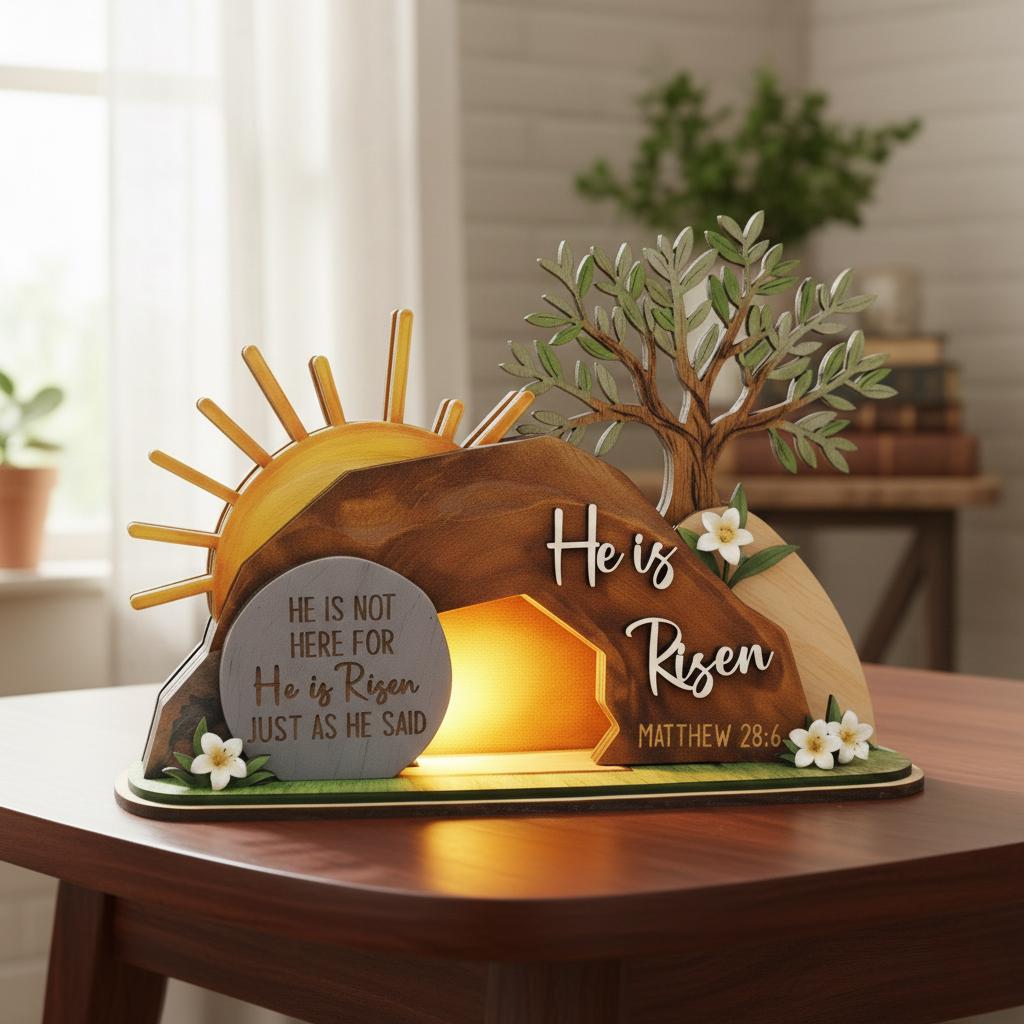 He is Risen Easte Wooden Block, Christian Resurrection Table Sign, Religious Home Decor Gift, Empty Tomb Cross Wood Shelf