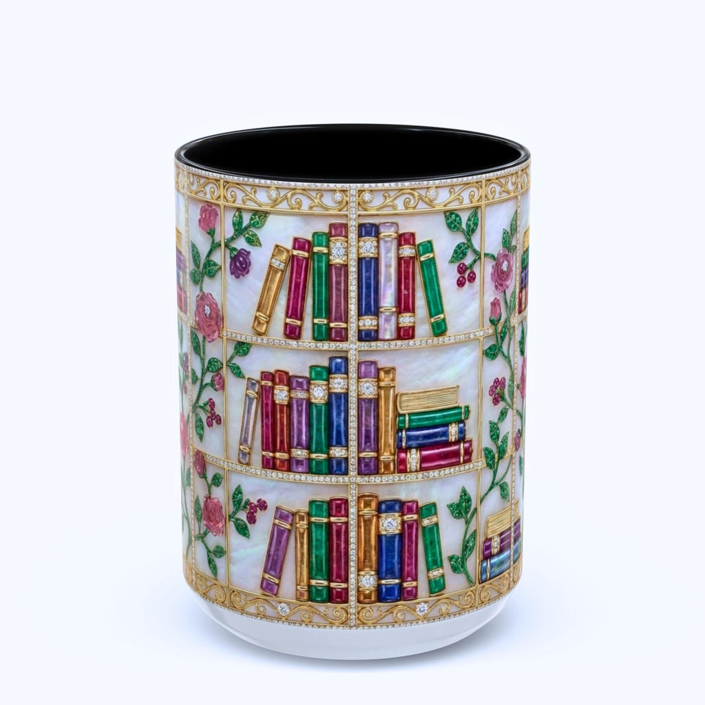 Stained Glass Bookshelf Mug, Floral Book Lover Coffee Cup, Vintage Library Style Mug, Elegant Reading Gift