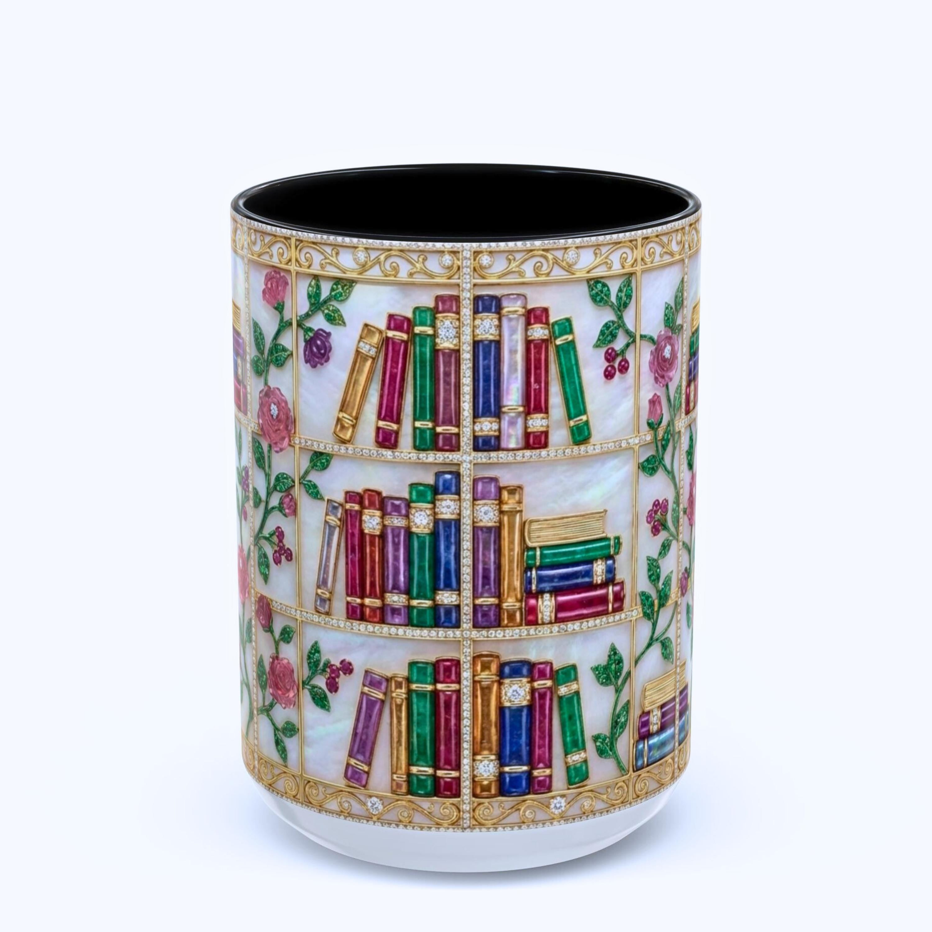 Stained Glass Bookshelf Mug, Floral Book Lover Coffee Cup, Vintage Library Style Mug, Elegant Reading Gift