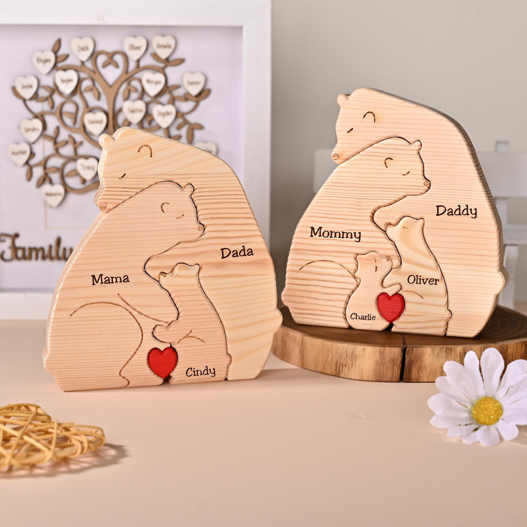 Engraved Bear Hug Family Wooden Puzzle, Personalized Gift for Mom Dad Kids, Engraved Name Gift, Anniversary Gift for Couple, Home Decor