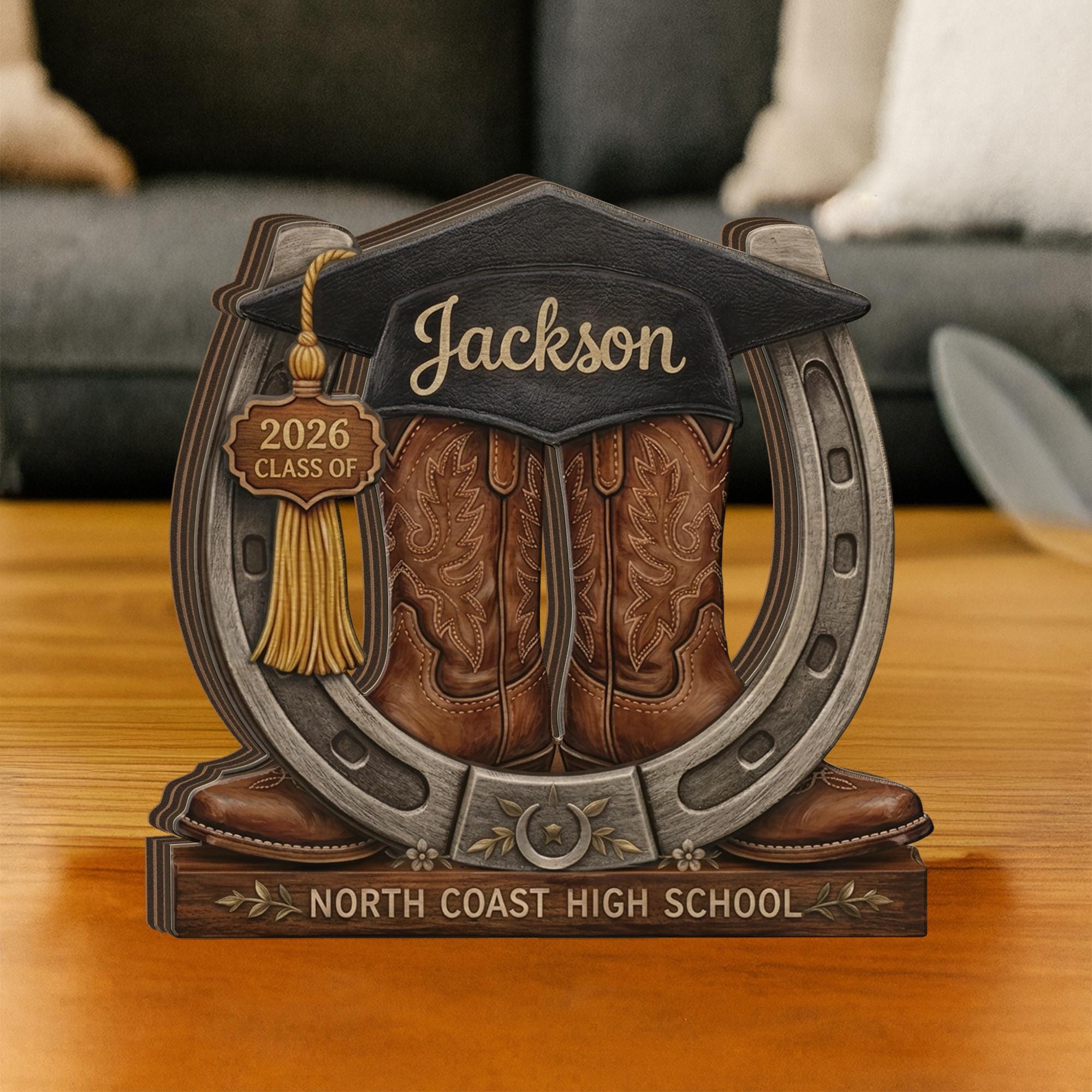 Personalized Graduation Wooden Block, Customized Cowboy Boots Keepsake, Class of 2026 Gift, Custom Name Graduate Decor