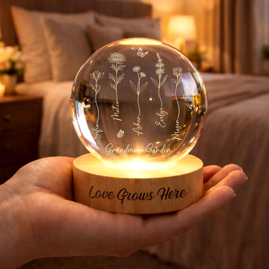 Grandma's Garden Birth Flower Crystal Ball Night Light, Custom LED Night Light With Kids Names, Mother's Day Gift, Family Birth Flower Gifts