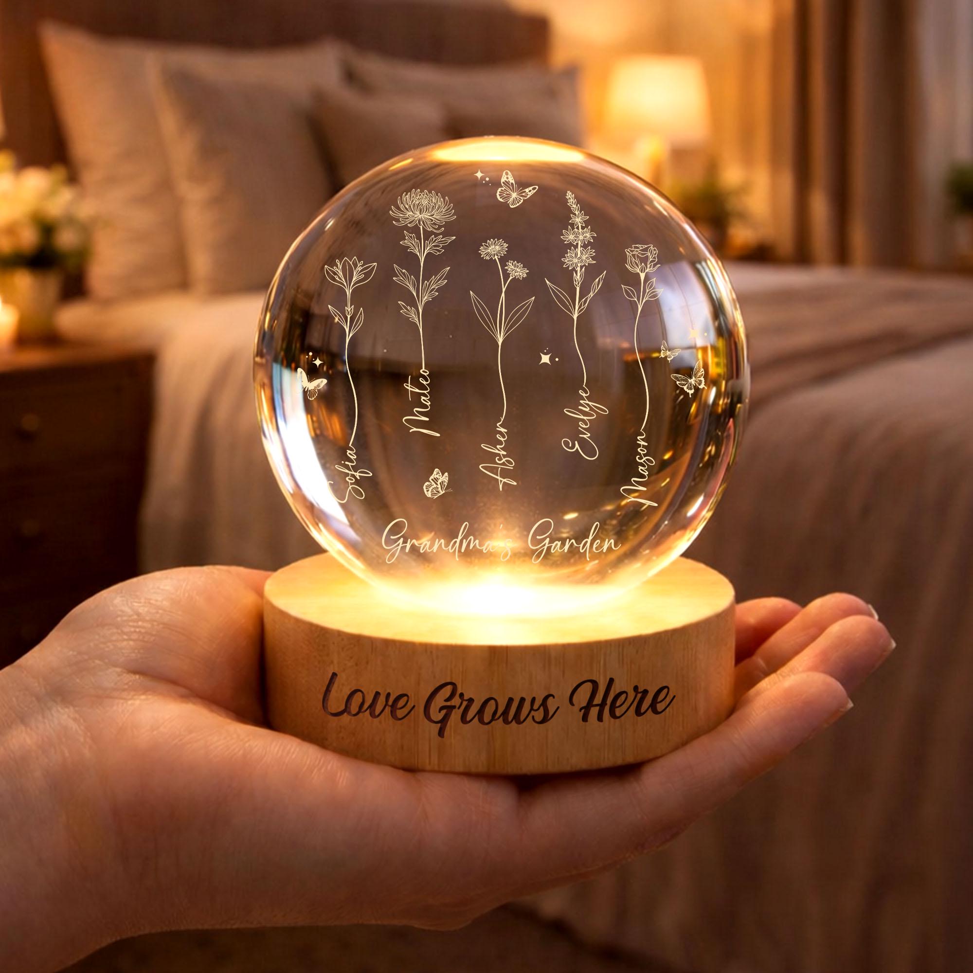 Grandma's Garden Birth Flower Crystal Ball Night Light, Custom LED Night Light With Kids Names, Mother's Day Gift, Family Birth Flower Gifts