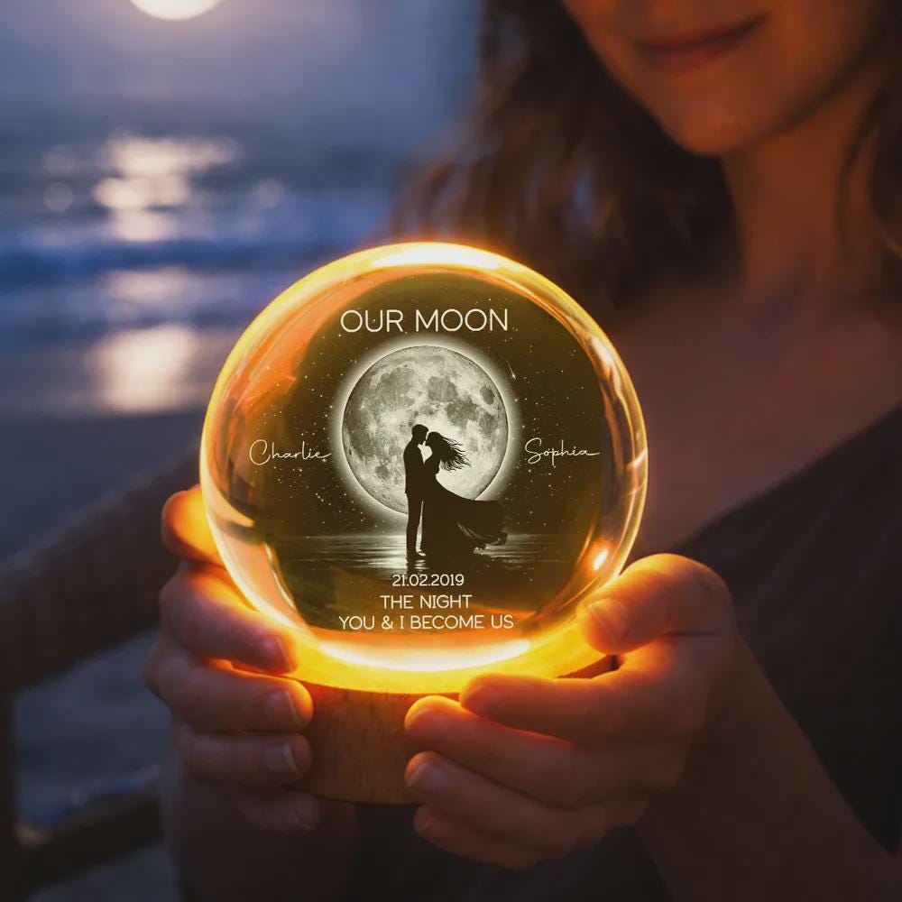 Personalized Moon Phase Crystal Ball Night Light, Couple Anniversary Gift, Customizable with your names or special date, USB powered with 4 lighting modes